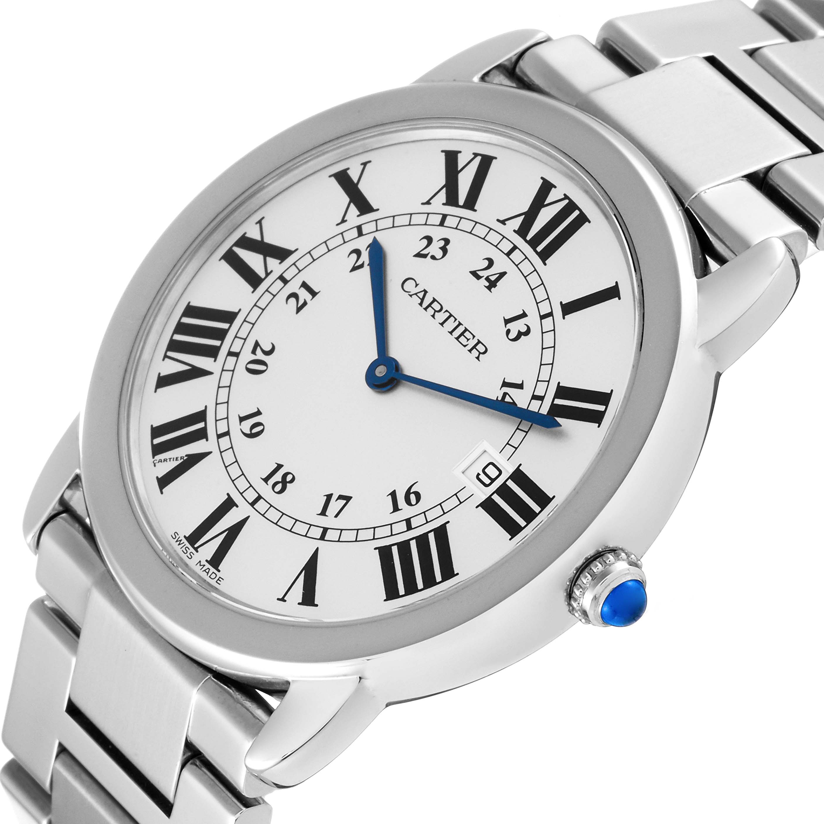 A Cartier Ronde W6701005 Men
s Stainless Steel Silver Dial W6701005 Men
s Stainless Steel Silver Dial watch is shown at an angle, highlighting its Roman numeral dial, blue hands, and metal bracelet.