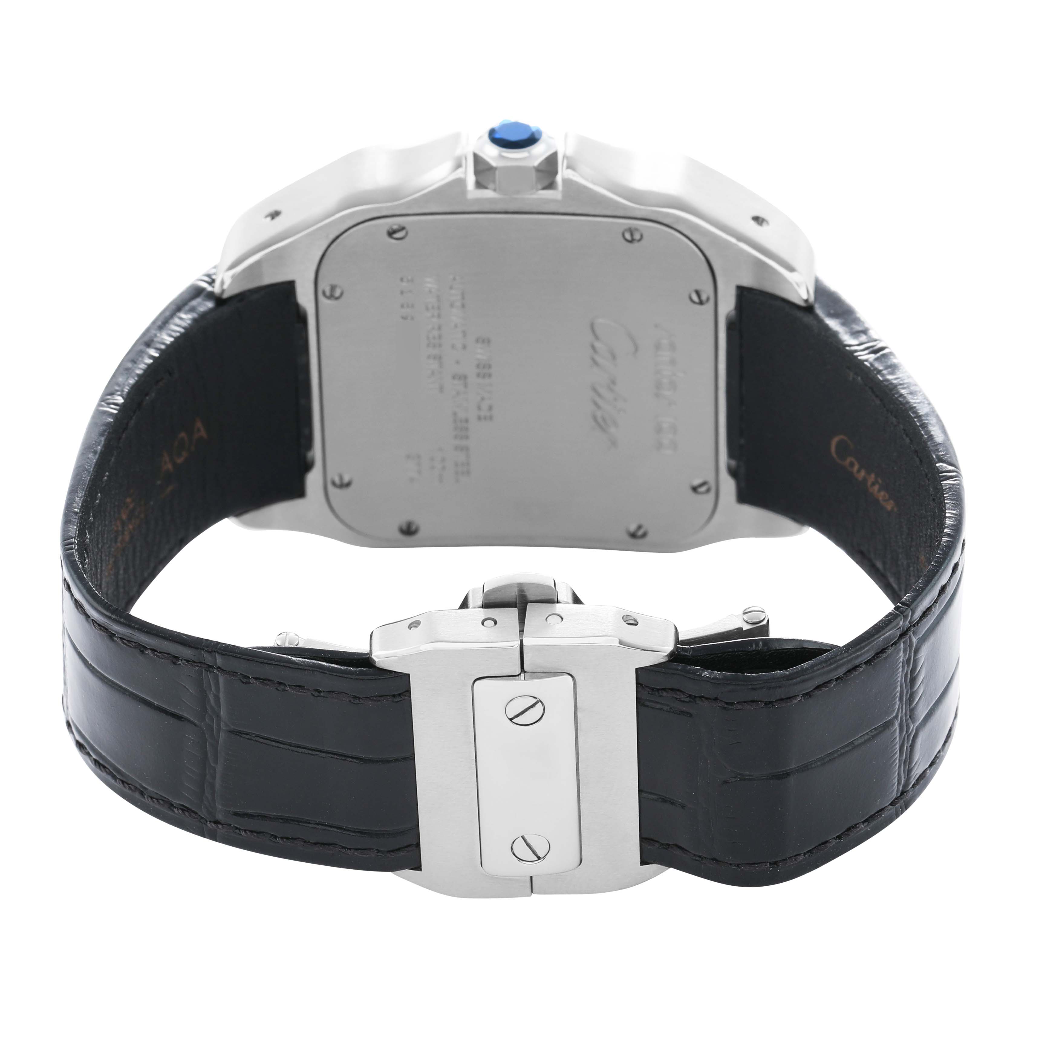 The image shows the back case and clasp of a Cartier Santos W20073X8 Men's Stainless Steel Silver Dial watch, highlighting its metal finish and leather strap.