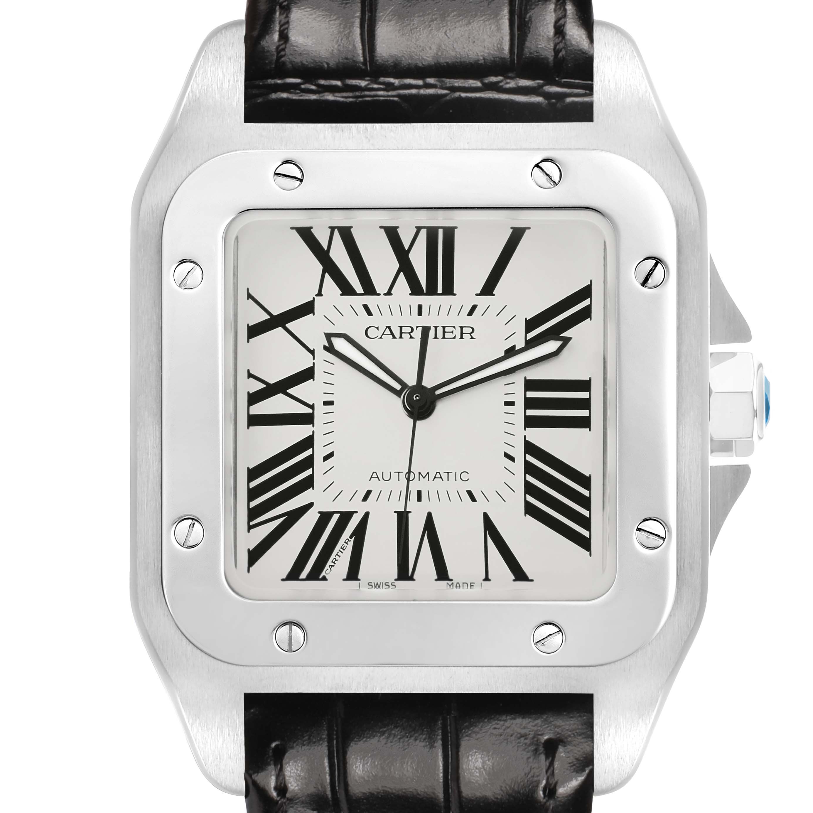 The Cartier Santos W20073X8 Men's Stainless Steel Silver Dial watch is shown from the front, displaying the face, bezel, and part of the leather strap.