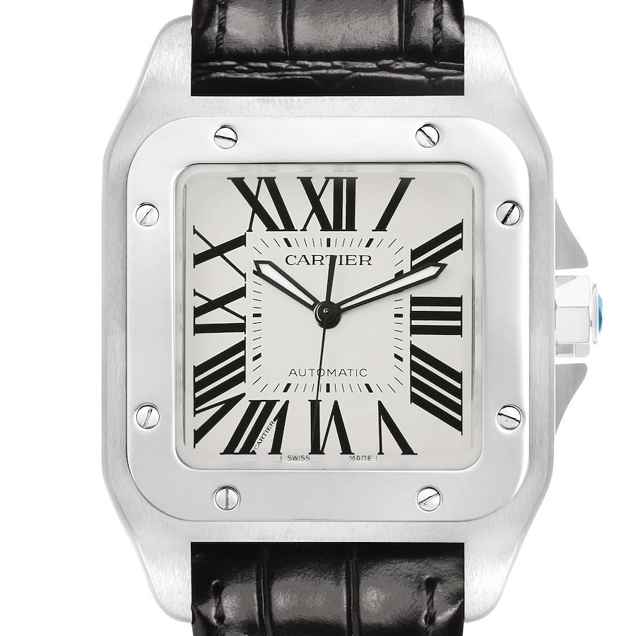 The Cartier Santos W20073X8 Men's Stainless Steel Silver Dial watch is shown from the front, displaying the face, bezel, and part of the leather strap.