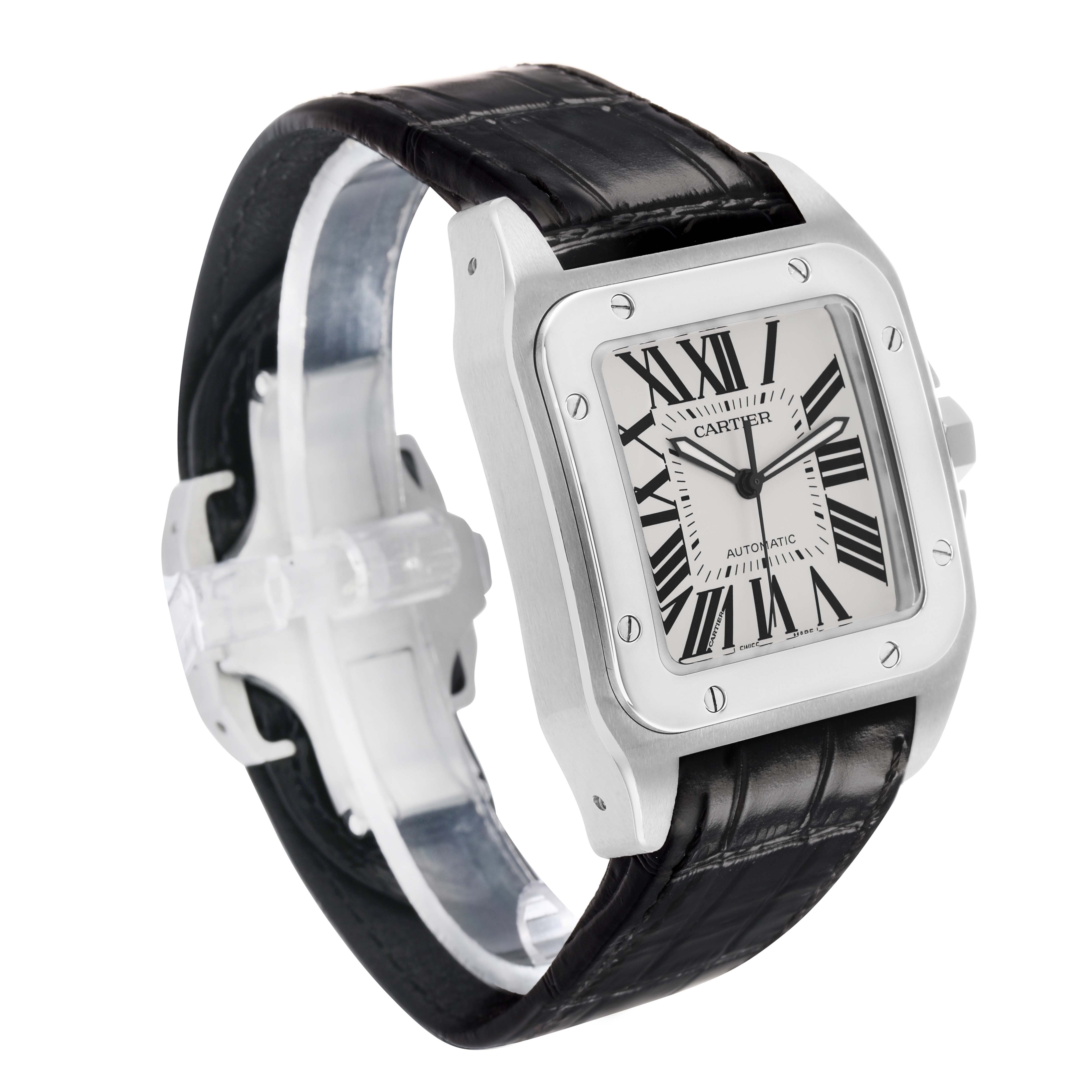 The Cartier Santos W20073X8 Men's Stainless Steel Silver Dial watch is shown at a three-quarter angle, highlighting its square dial, roman numerals, and black leather strap.
