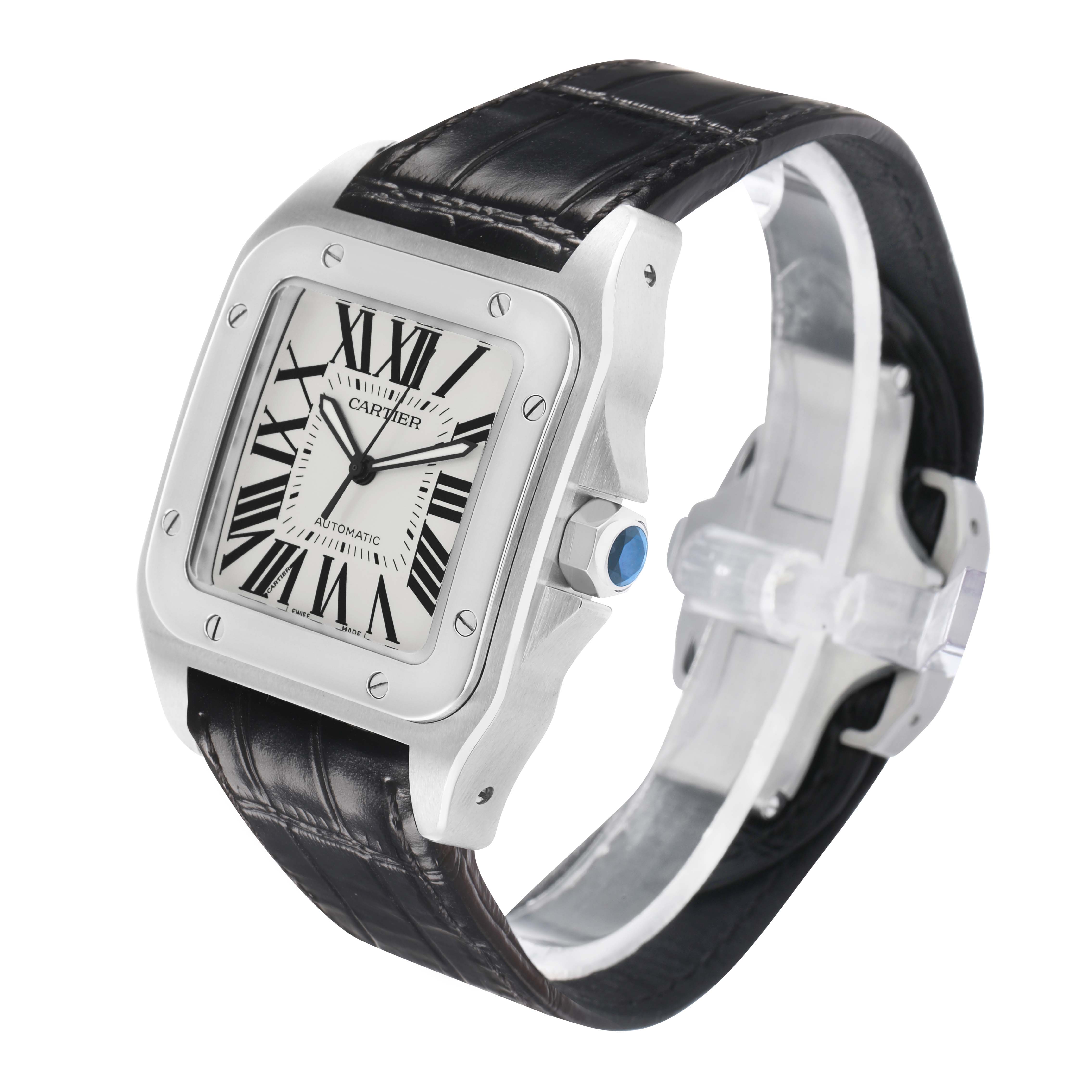The Cartier Santos W20073X8 Men's Stainless Steel Silver Dial watch is shown at a three-quarter angle, highlighting the face, bezel, crown, and leather strap.