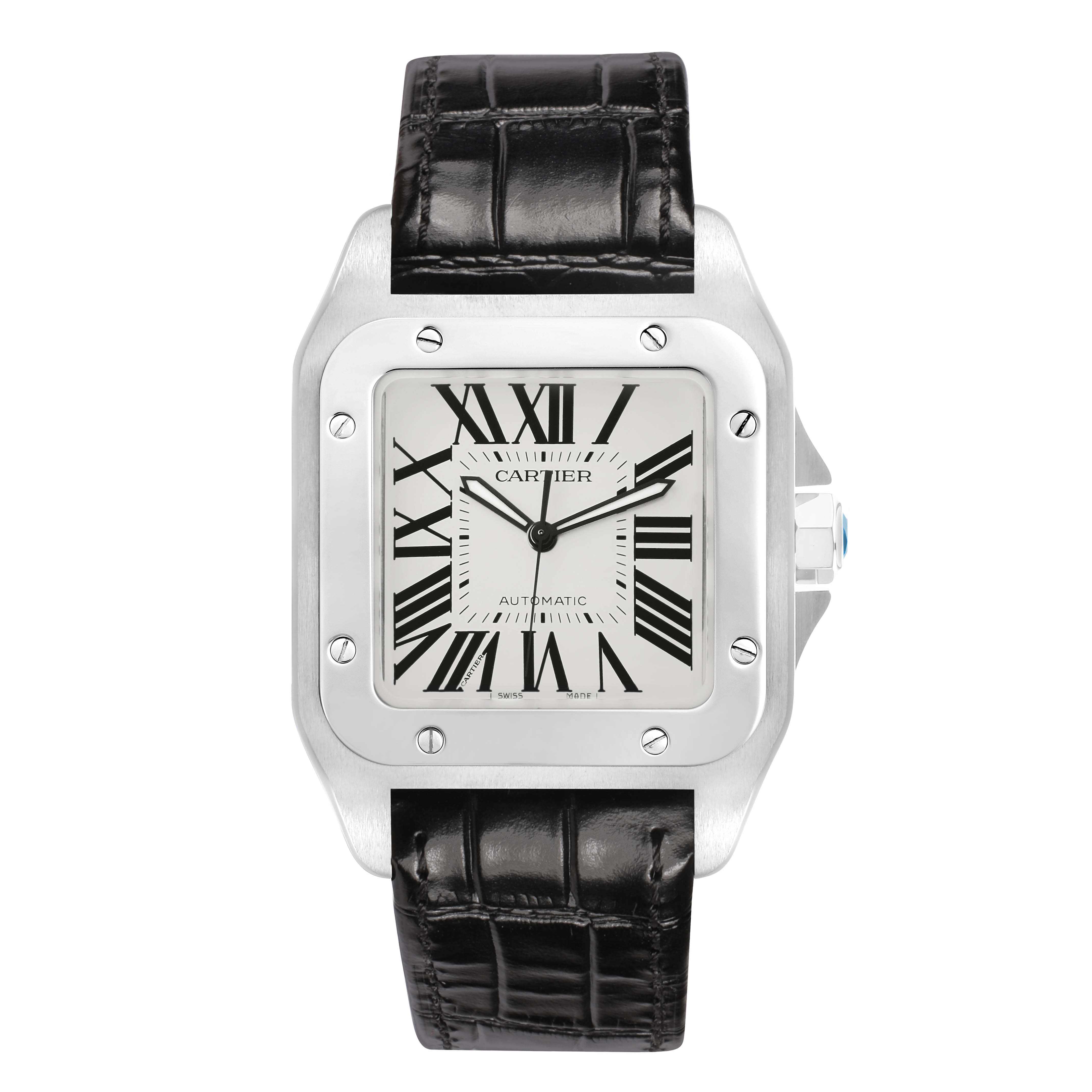 The Cartier Santos W20073X8 Men's Stainless Steel Silver Dial watch is shown from the front, displaying its face, bezel, and black leather strap.
