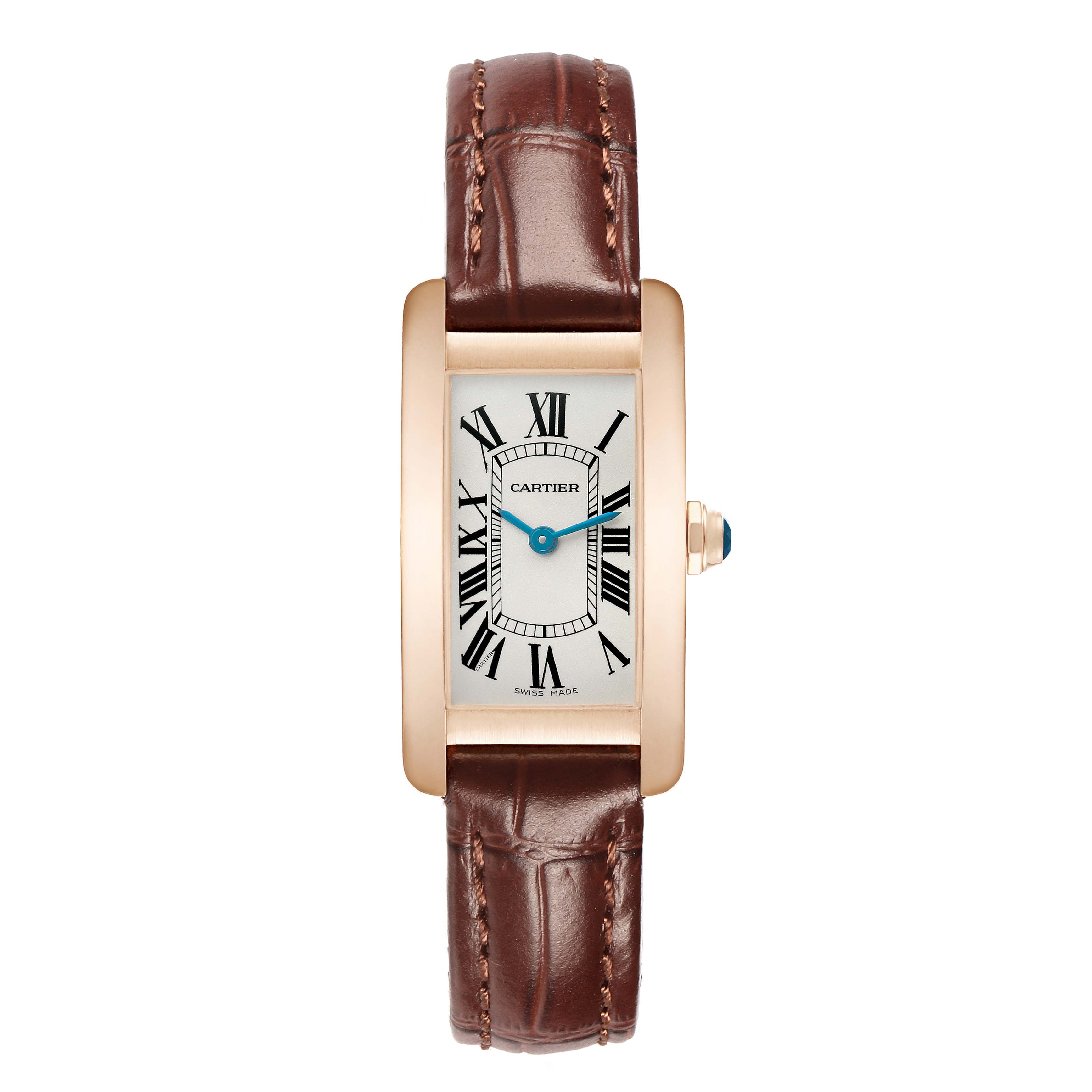 The Cartier Tank Américaine watch is shown from a top view, highlighting its rectangular face, leather strap, and Roman numerals.