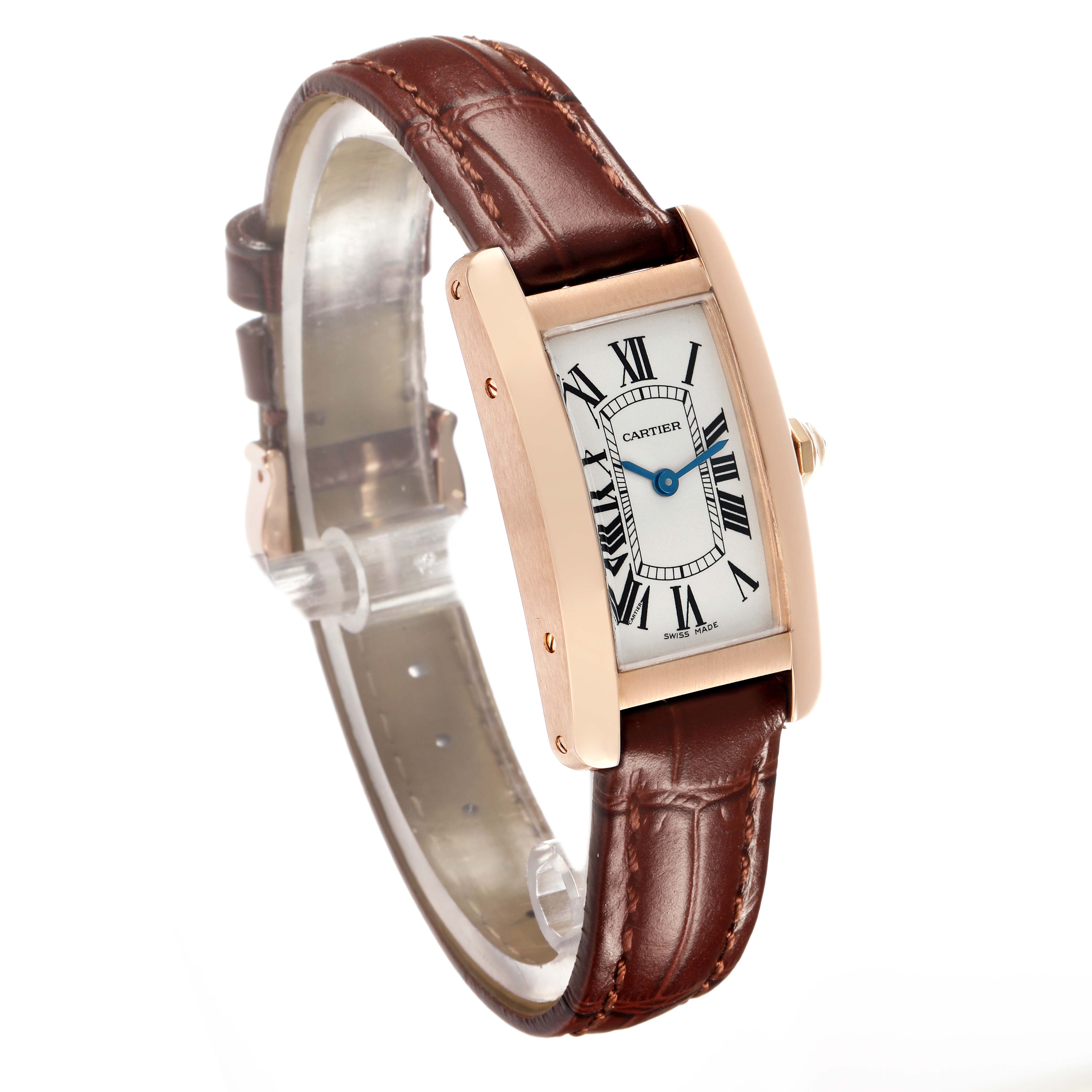 The Cartier Tank Americaine W2607456 Women's Rose Gold Silver Dial watch is shown at a side angle highlighting its rectangular face, leather band, and case details.
