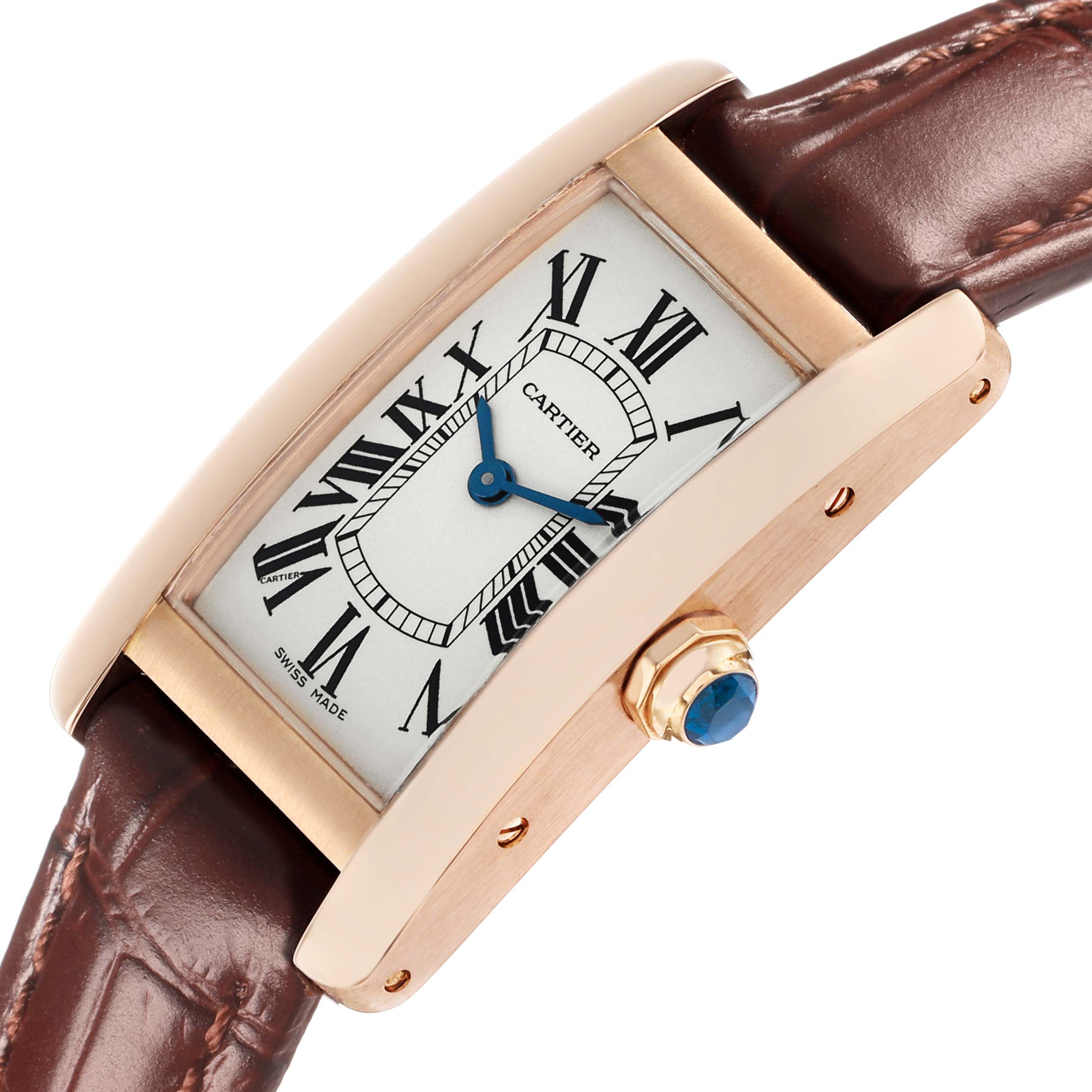 The Cartier Tank Americaine W2607456 Women's Rose Gold Silver Dial watch is shown at an angled, partial side view, highlighting the dial, case, strap, and crown.