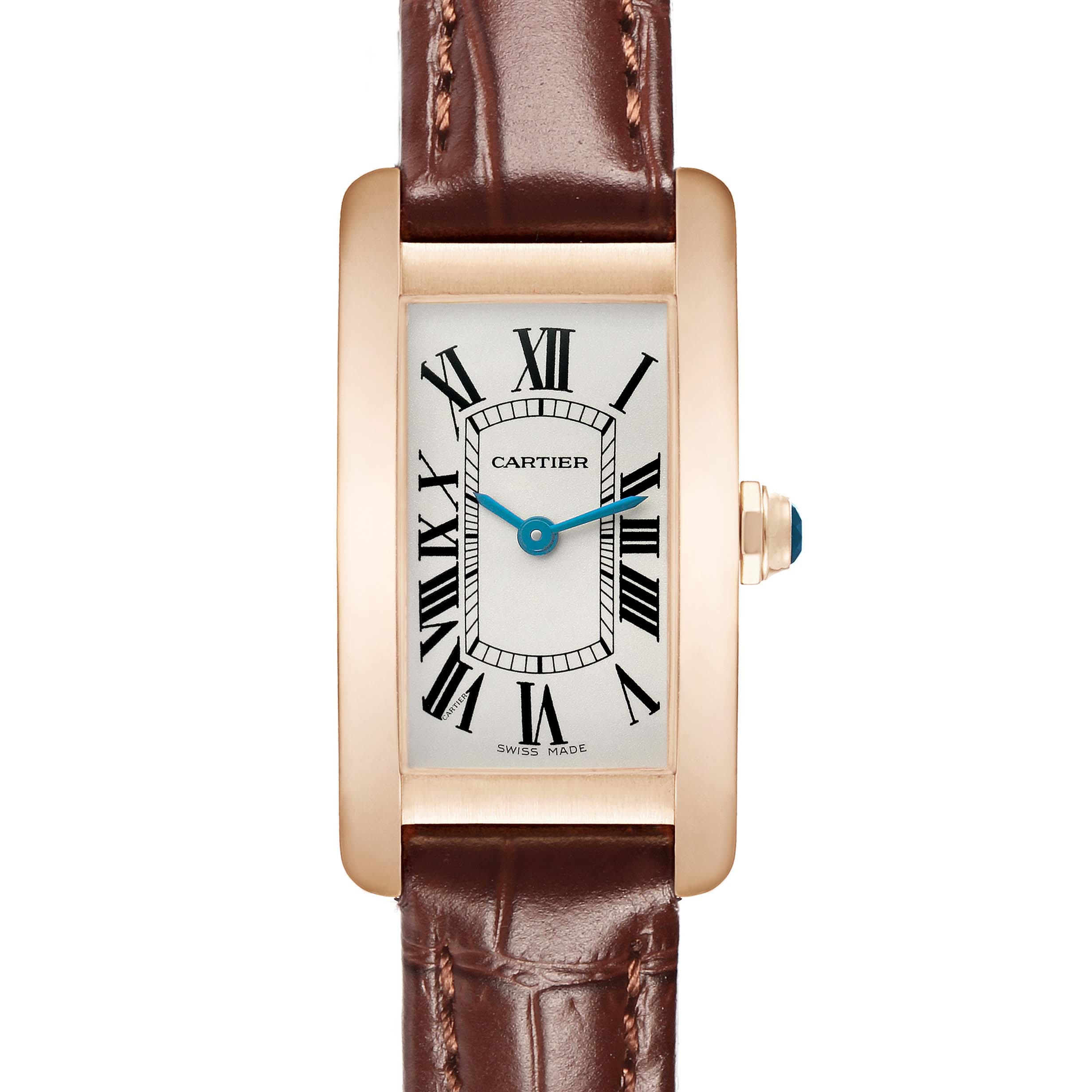 The Cartier Tank Americaine W2607456 Women's Rose Gold Silver Dial watch is shown in a front view, highlighting its rectangular face, Roman numerals, and leather strap.