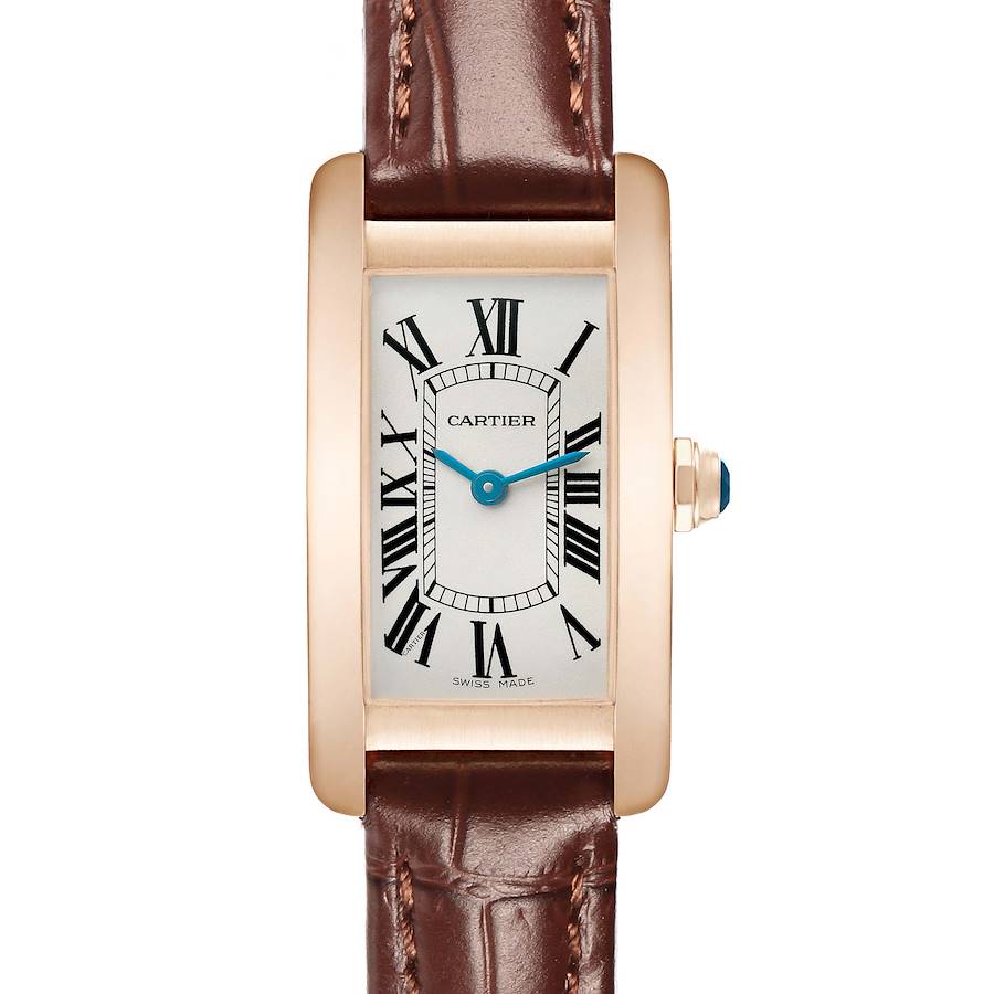 The Cartier Tank Americaine W2607456 Women's Rose Gold Silver Dial watch is shown in a front view, highlighting its rectangular face, Roman numerals, and leather strap.