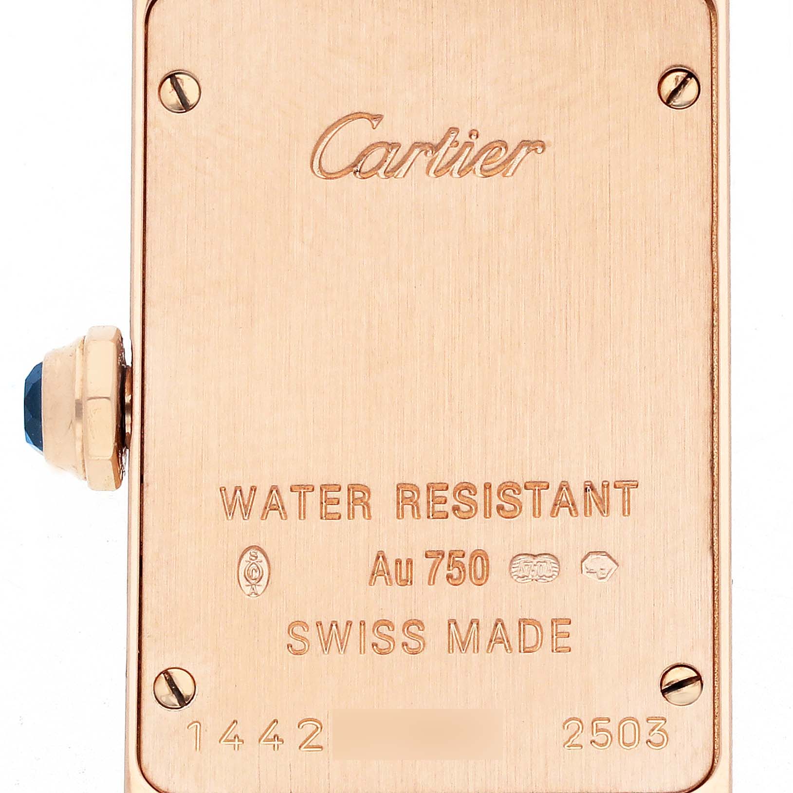 The image shows the back case of a Cartier Tank Americaine W2607456 Women's Rose Gold Silver Dial watch, highlighting its inscriptions and crown.