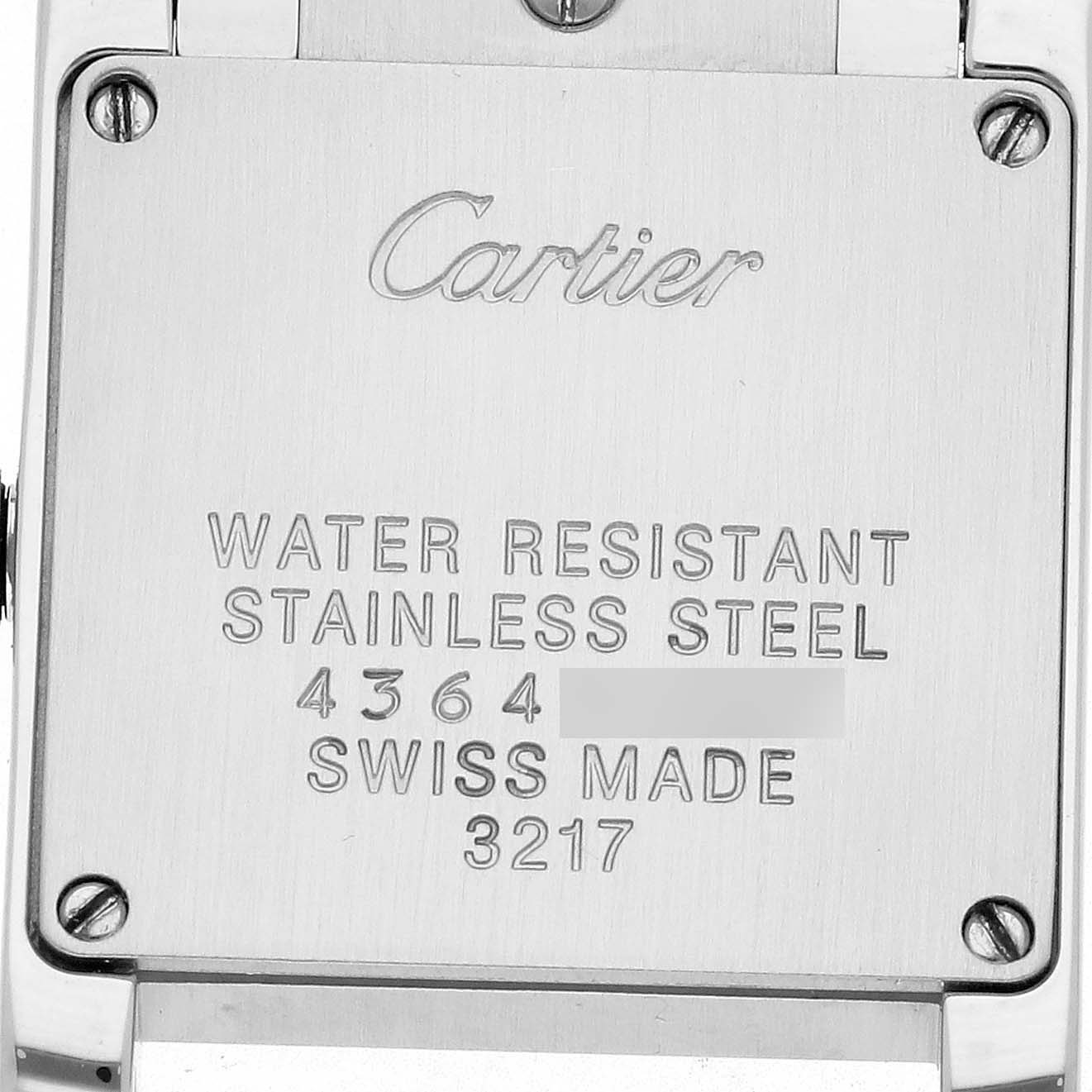 The image shows the back of a Cartier Tank Francaise W4TA0008 Women's Stainless Steel Silver Dial watch, highlighting the brand engraving, water resistance, and material information.
