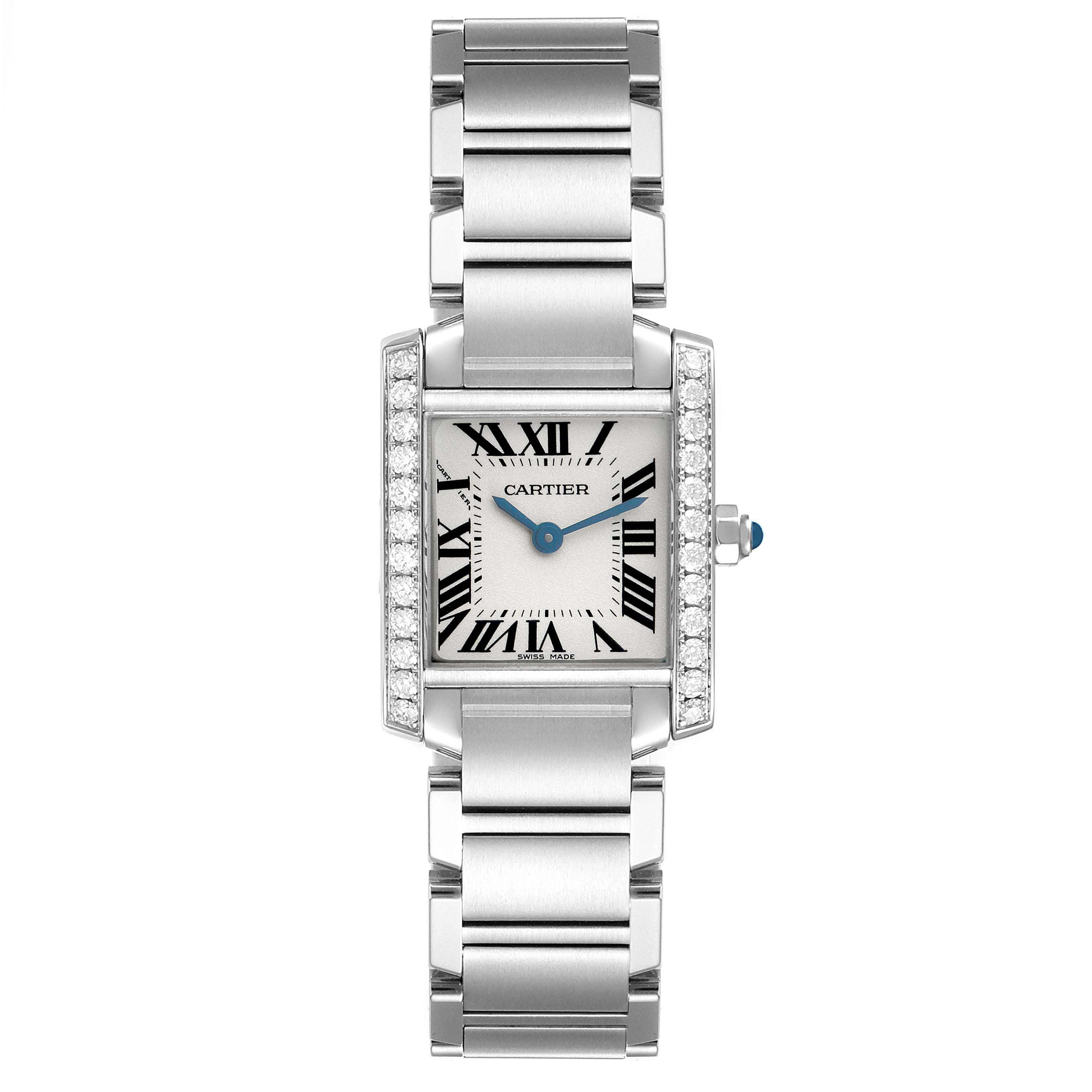 The Cartier Tank Francaise W4TA0008 Women's Stainless Steel Silver Dial watch is shown from a top-down angle, highlighting the face, bracelet, and diamond-set case.