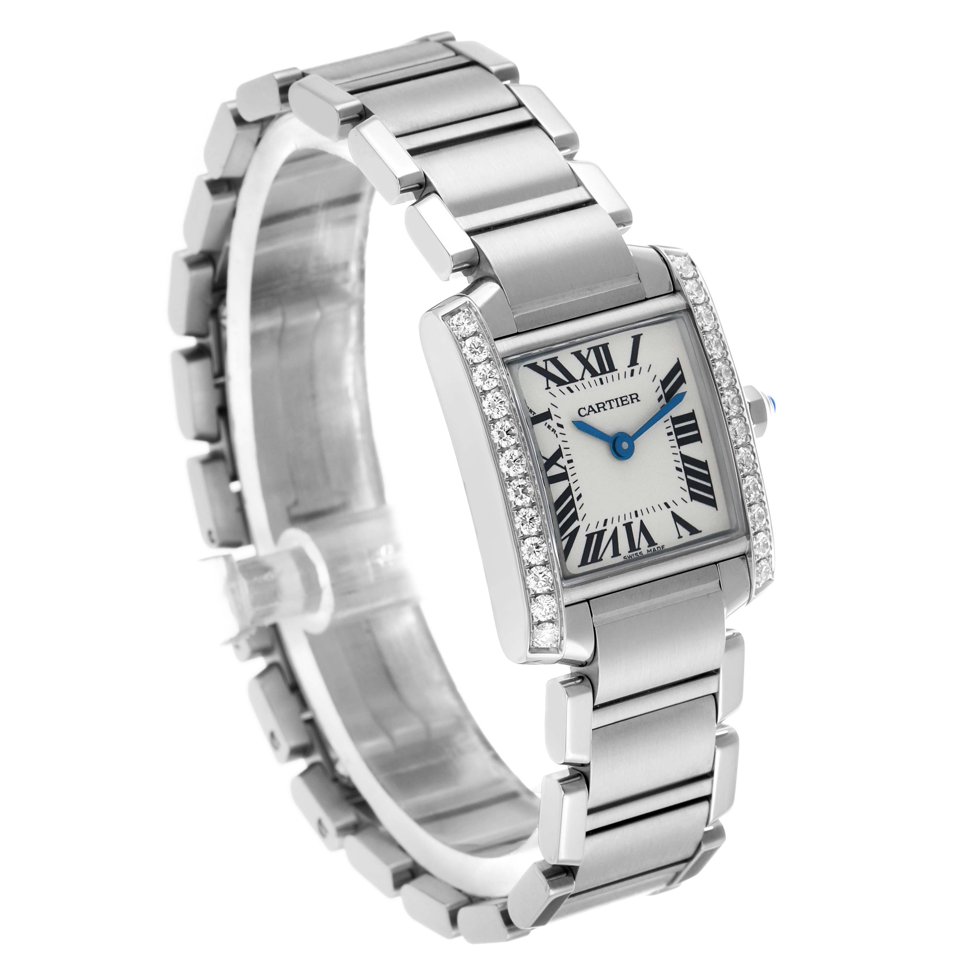 The Cartier Tank Française watch is shown at a three-quarter angle, displaying its face, bracelet, and diamond-set bezel.