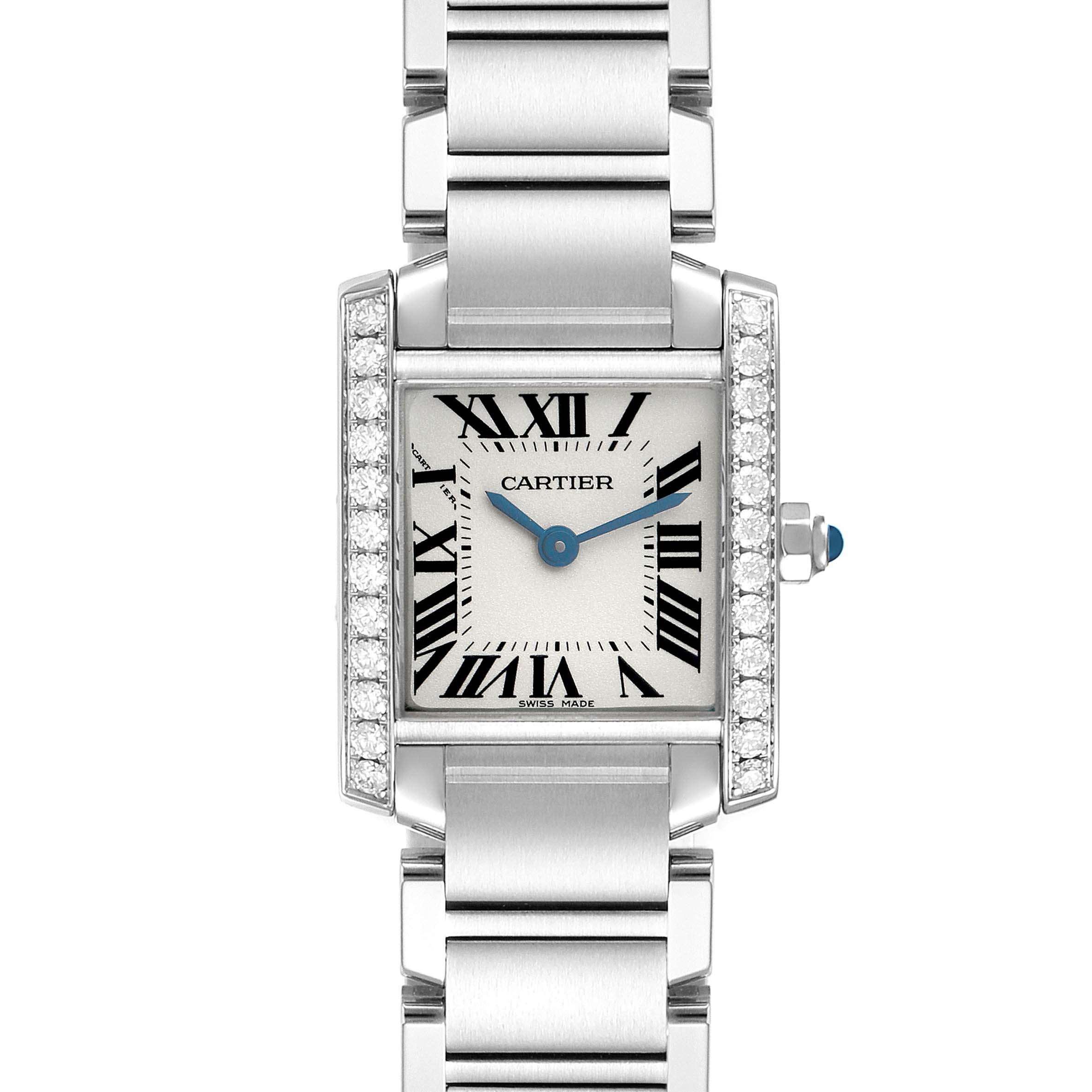 The Cartier Tank Française watch is shown from the front, highlighting its face, bracelet, and jeweled bezel.