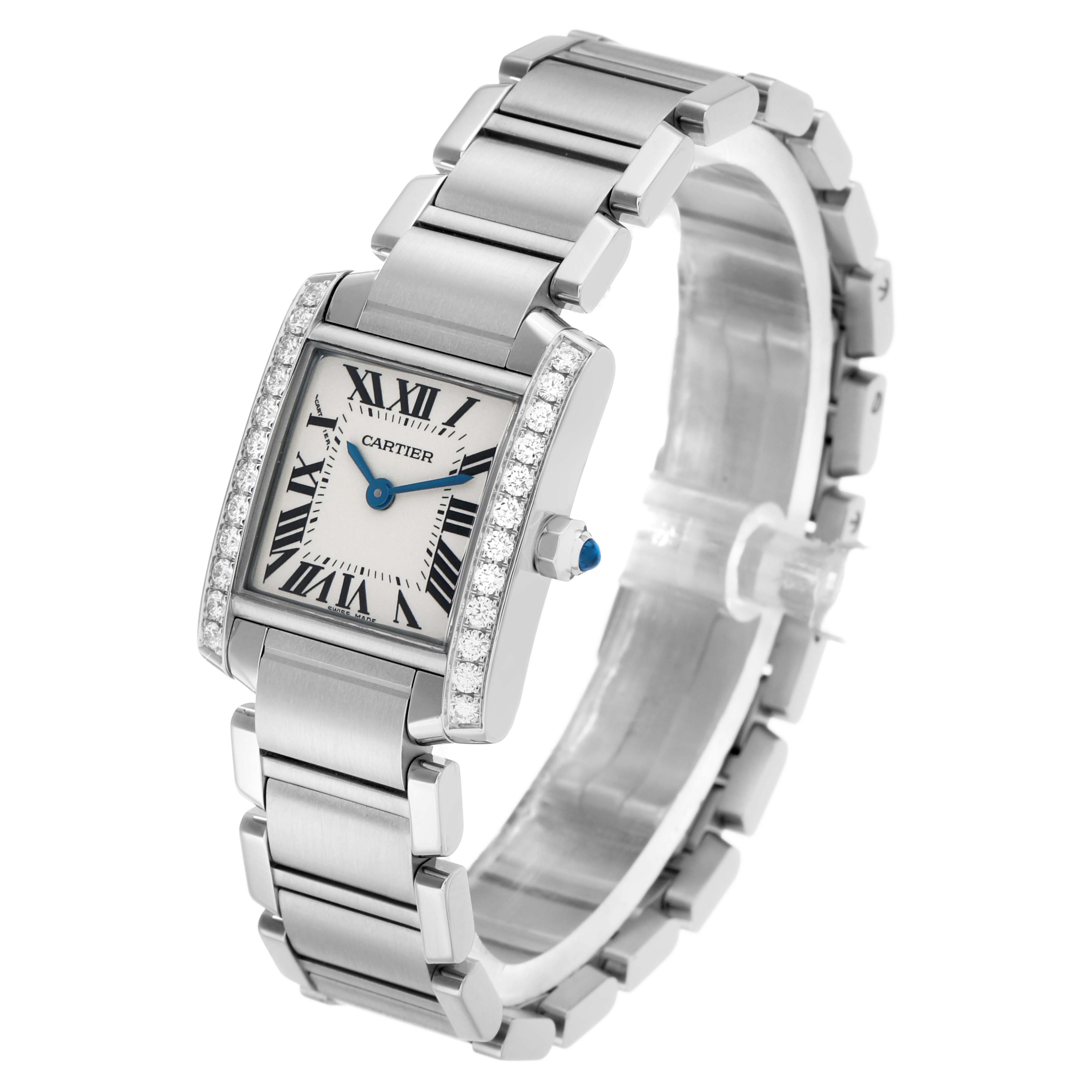 The Cartier Tank Francaise W4TA0008 Women's Stainless Steel Silver Dial watch is shown at a three-quarter angle, highlighting its face, bracelet, and diamond-set bezel.