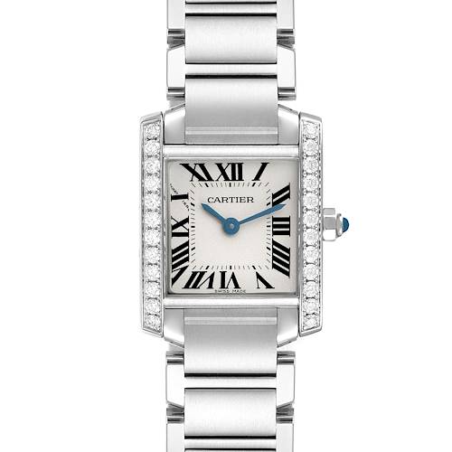 The Cartier Tank Francaise W4TA0008 Women
s Stainless Steel Silver Dial is shown from a front angle, highlighting the case, dial, bracelet, and blue hands.