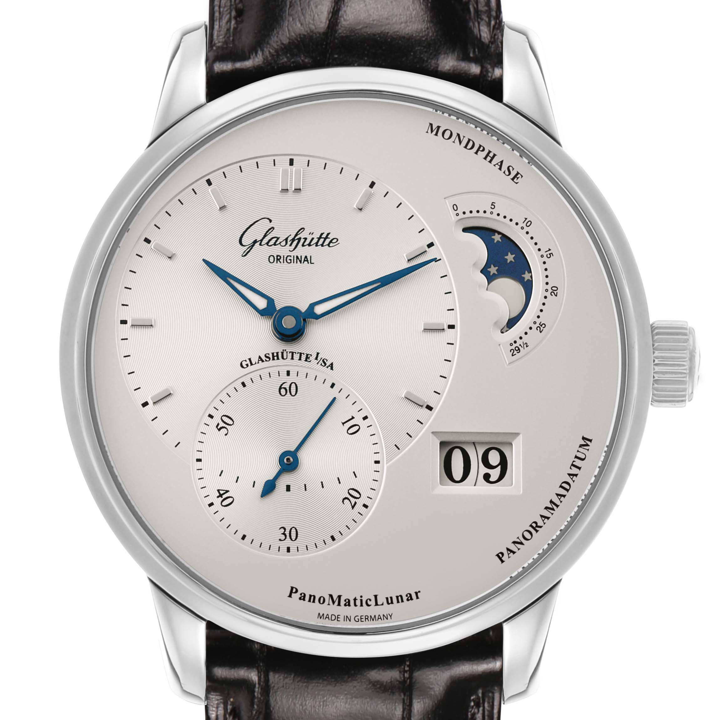 The Glashütte Original PanoMaticLunar watch is shown from the front, displaying its moon phase, date, and subdial.