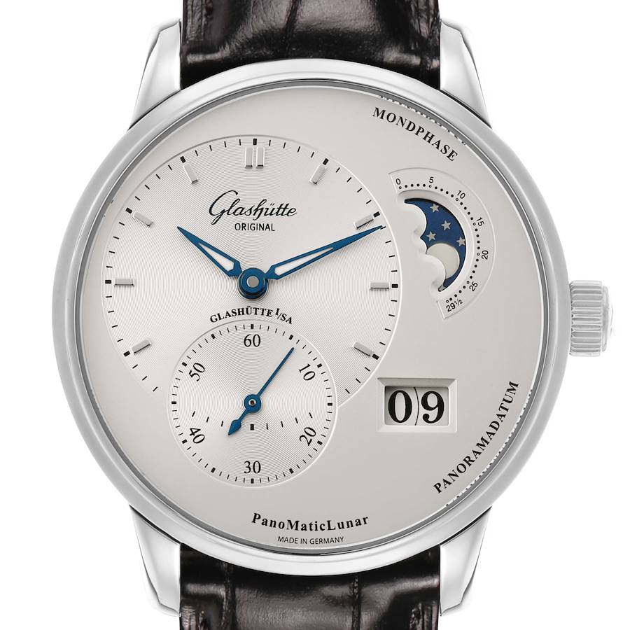 The Glashütte Original PanoMaticLunar watch is shown from the front, displaying its moon phase, date, and subdial.