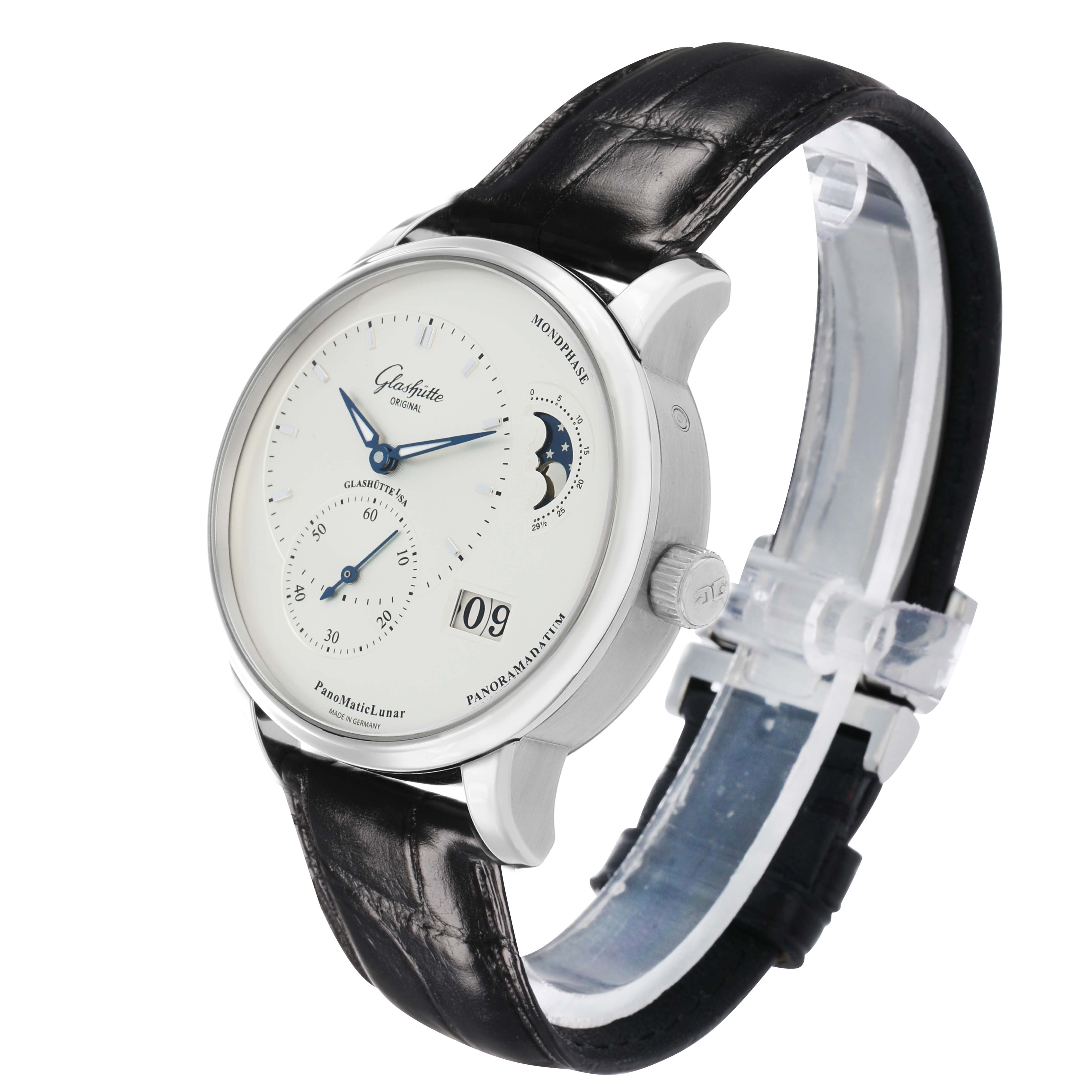 The Glashütte Original watch is shown at a three-quarter angle, displaying the face, crown, and leather strap.