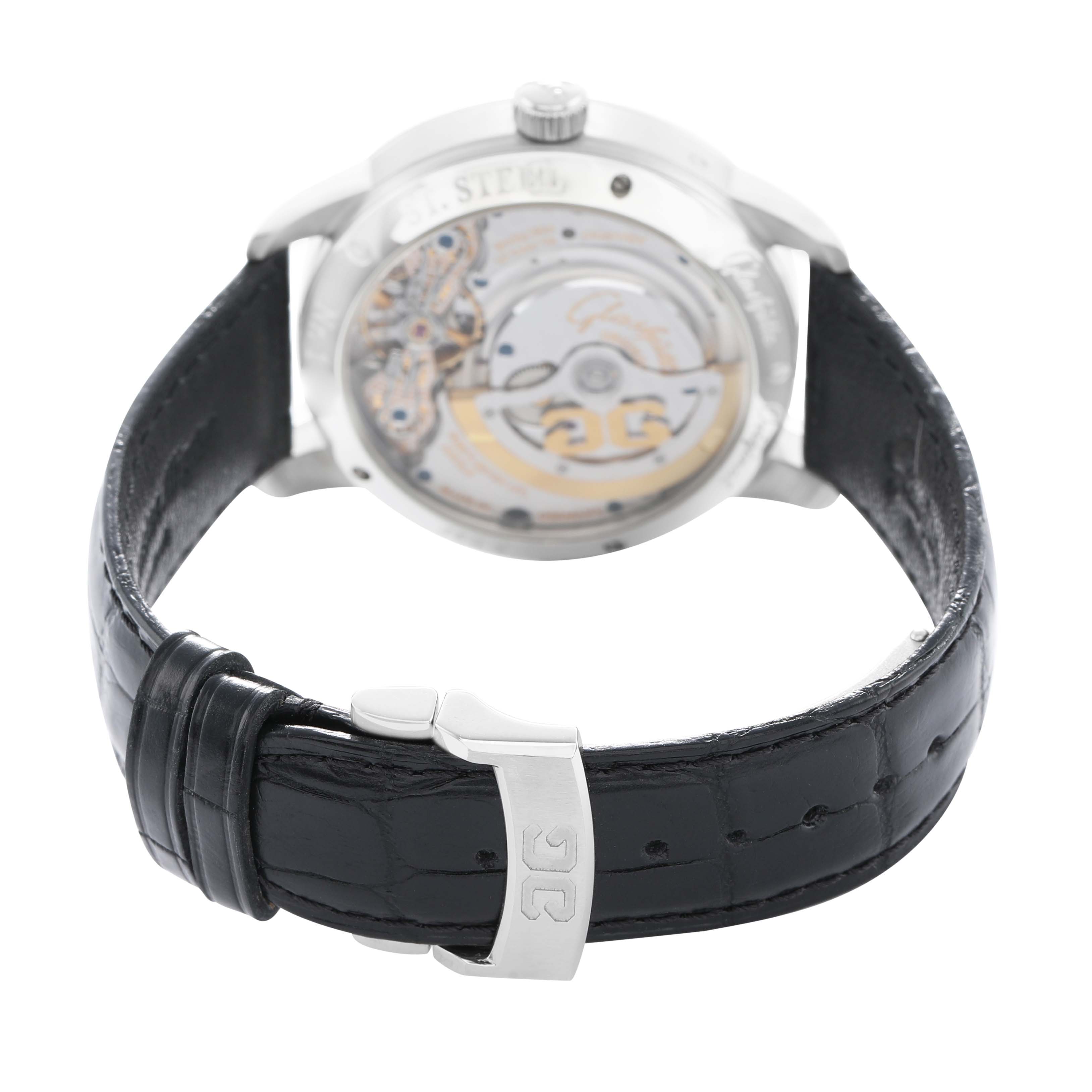 The image shows the back of the Glashutte Original 1-90-02-42-32-61 Men's Stainless Steel Silver Dial model, highlighting the movement and black leather strap.