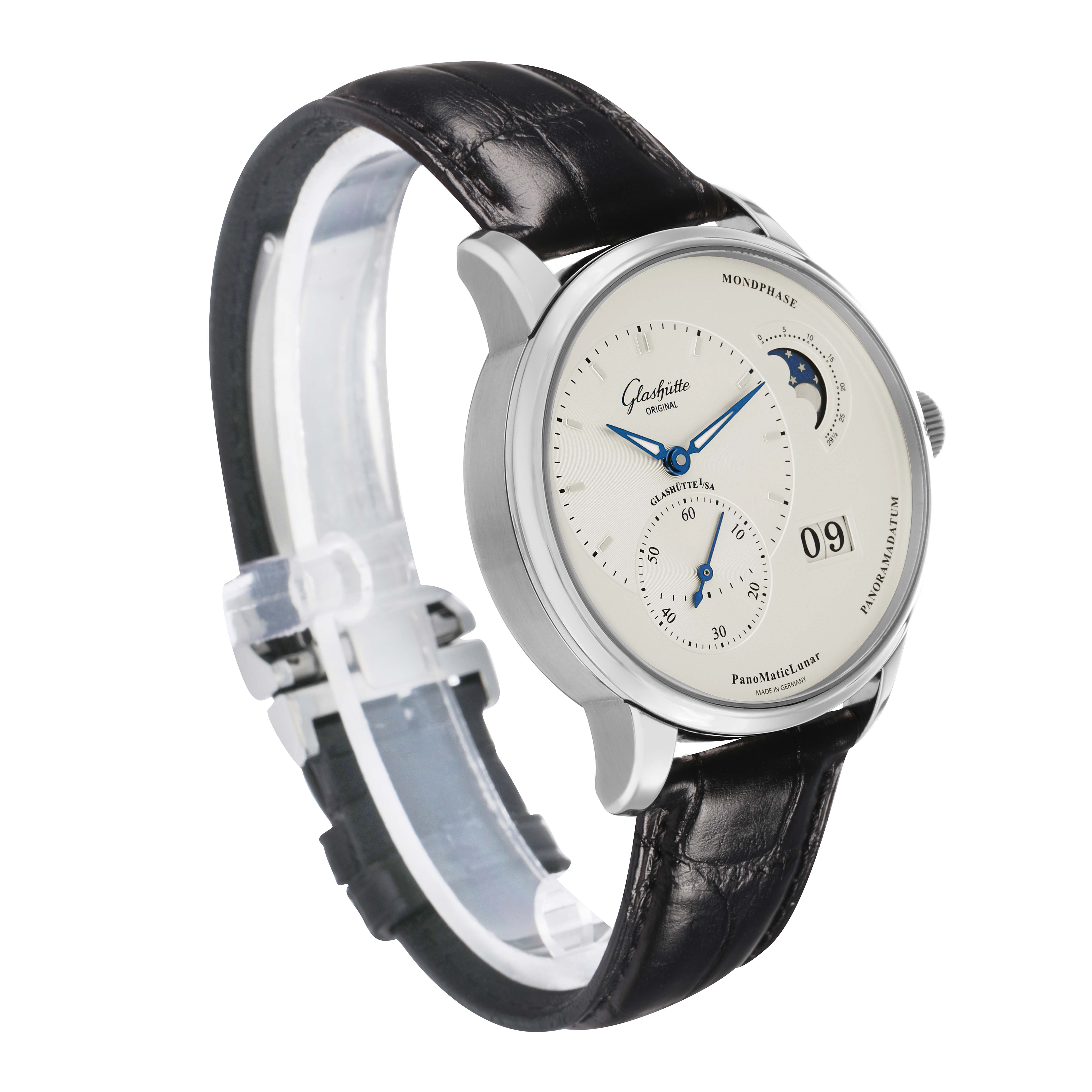 The Glashutte Original 1-90-02-42-32-61 Men's Stainless Steel Silver Dial watch is shown at an angled view, displaying the face, hands, moon phase, date, and part of the leather strap.