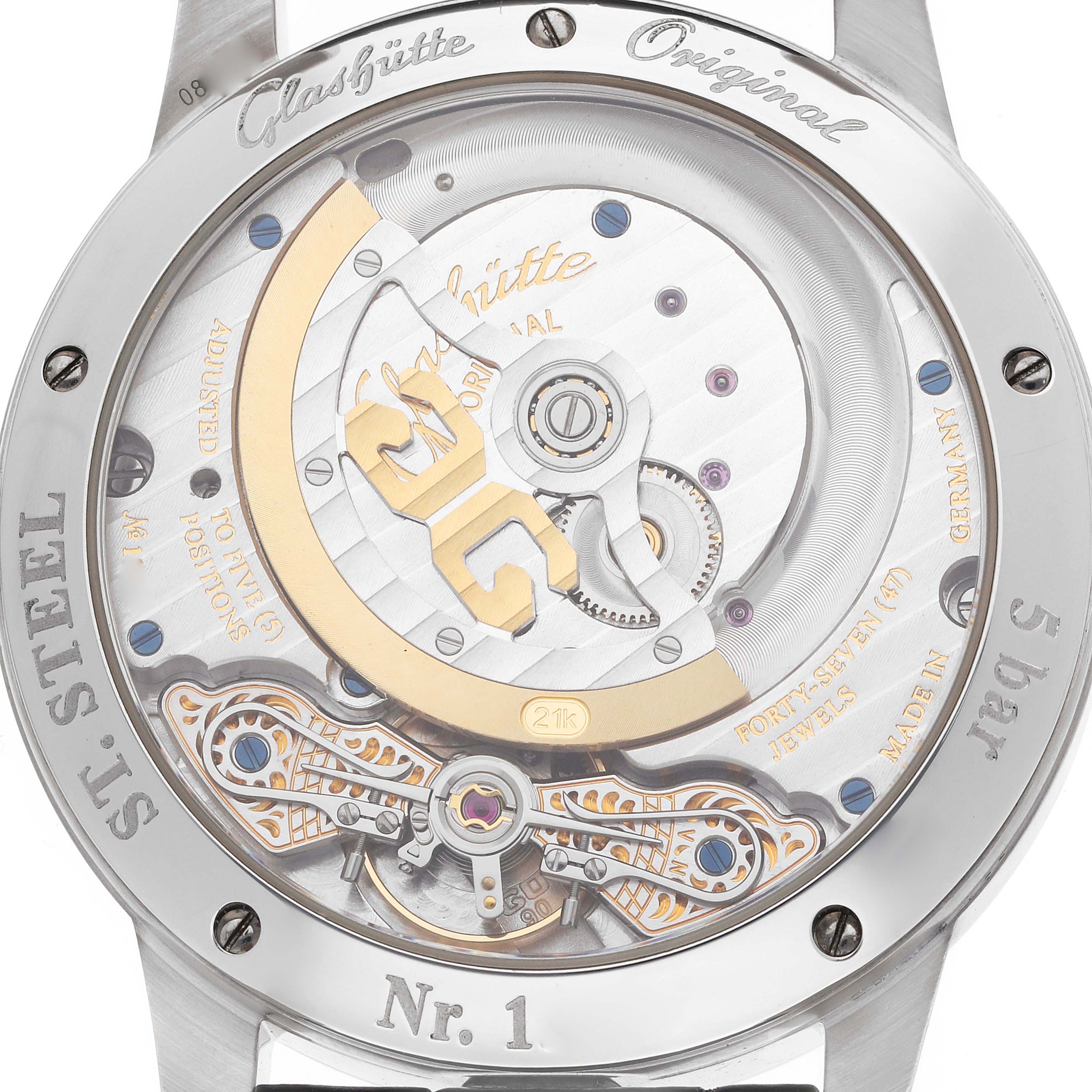 The image shows the back view of a Glashütte Original watch model, highlighting the intricate movement and rotor.