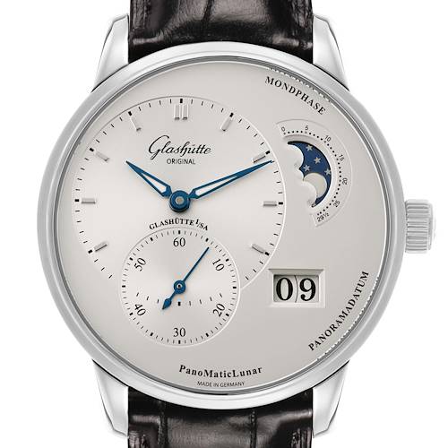 The Glashütte Original PanoMaticLunar watch is shown from the front, displaying the dial, moonphase, and date window.