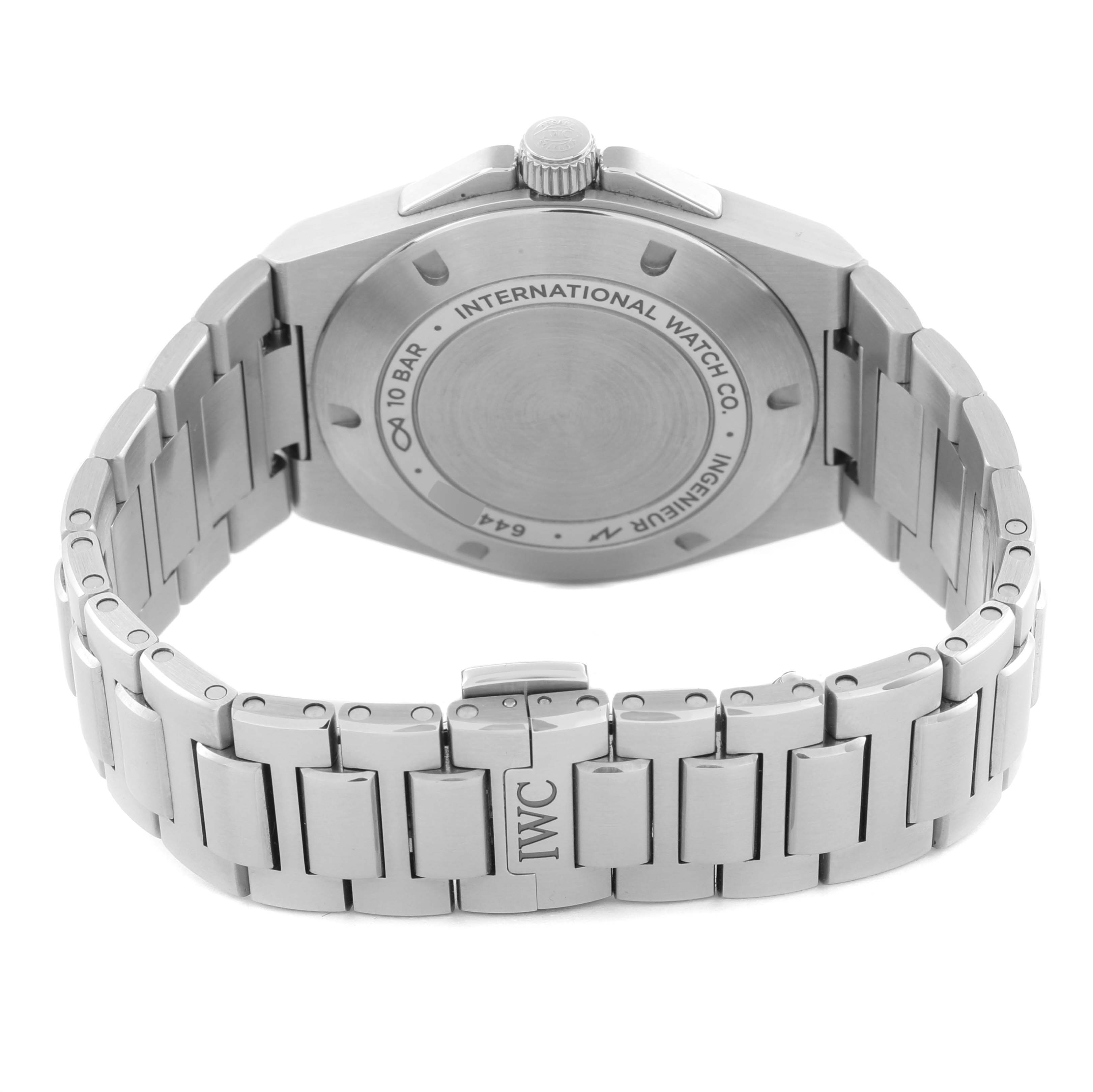 The IWC Ingenieur IW328902 Men's Stainless Steel Silver Dial IW328902 Men's Stainless Steel Silver Dial watch is shown from a rear angle, highlighting its case back and stainless steel bracelet.