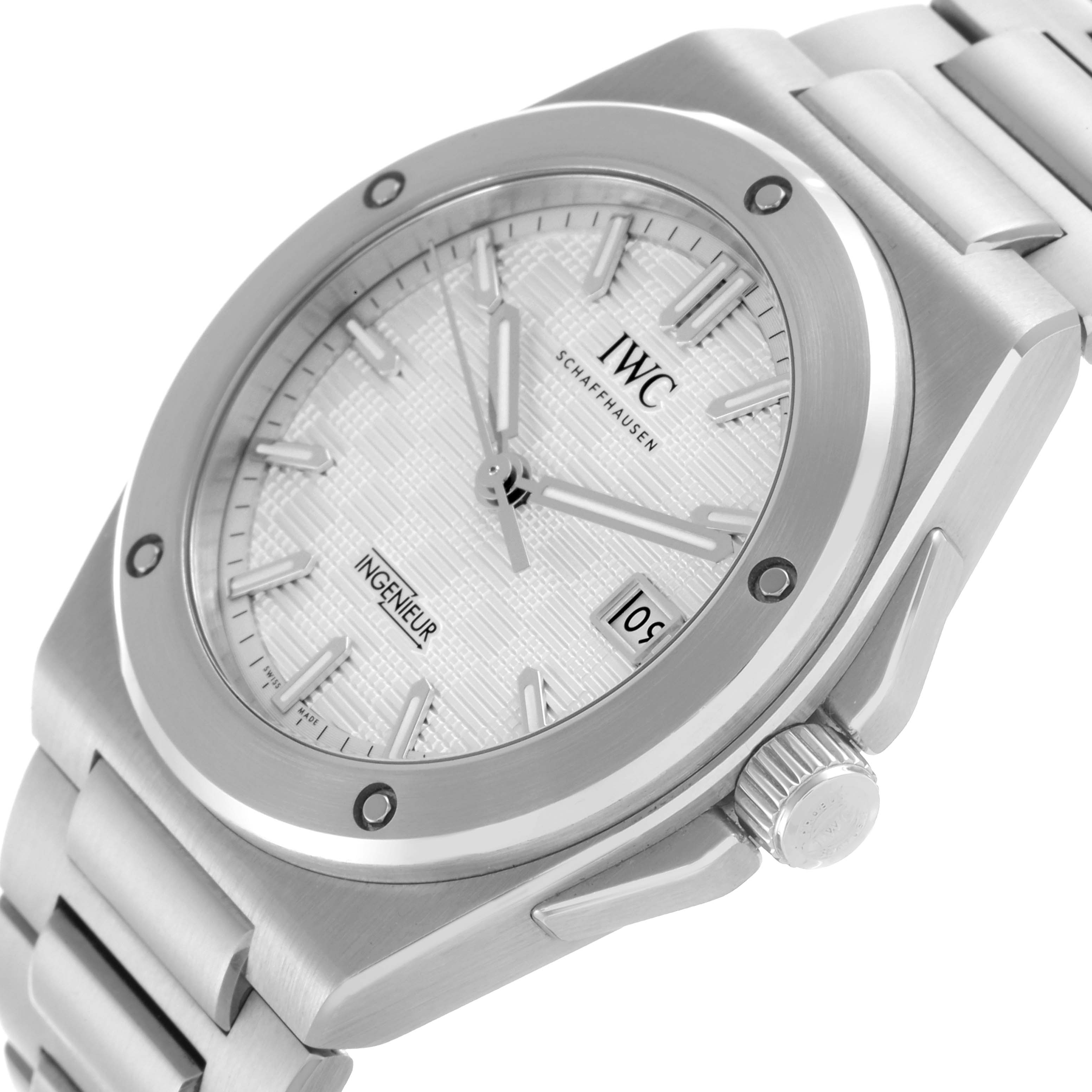 The IWC Ingenieur IW328902 Men's Stainless Steel Silver Dial IW328902 Men's Stainless Steel Silver Dial watch is shown at a three-quarter angle, highlighting the dial, bezel, crown, and part of the bracelet.