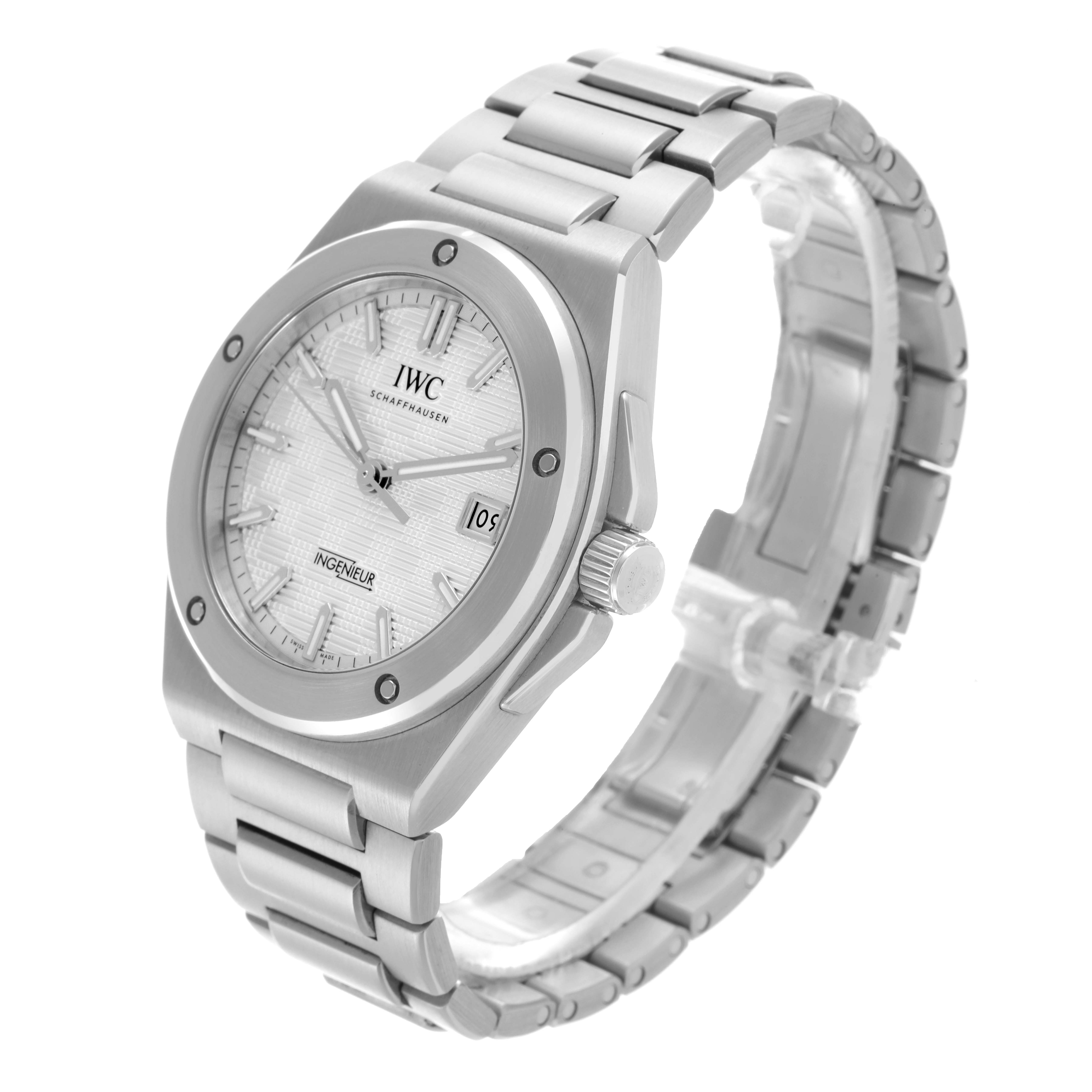 The IWC Ingenieur IW328902 Men's Stainless Steel Silver Dial IW328902 Men's Stainless Steel Silver Dial watch is shown at a three-quarter angle, highlighting its face, bezel, crown, and bracelet.