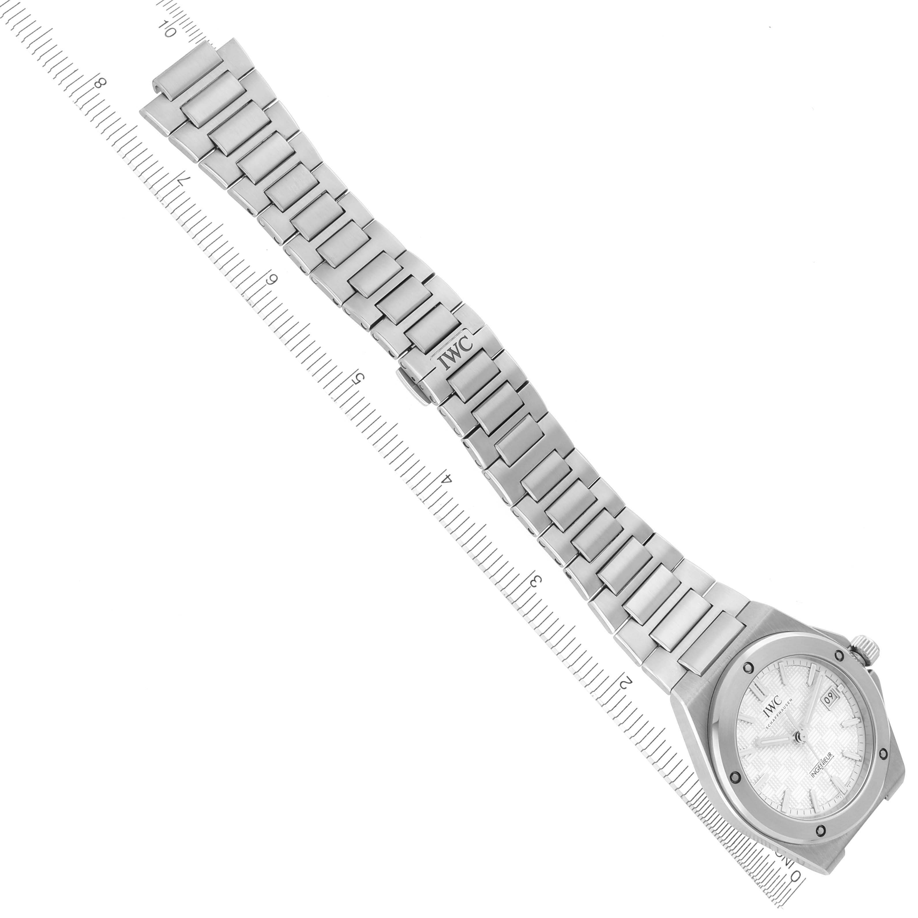 The IWC Ingenieur IW328902 Men's Stainless Steel Silver Dial IW328902 Men's Stainless Steel Silver Dial watch is shown from a top angle, displaying the bracelet and watch face clearly.
