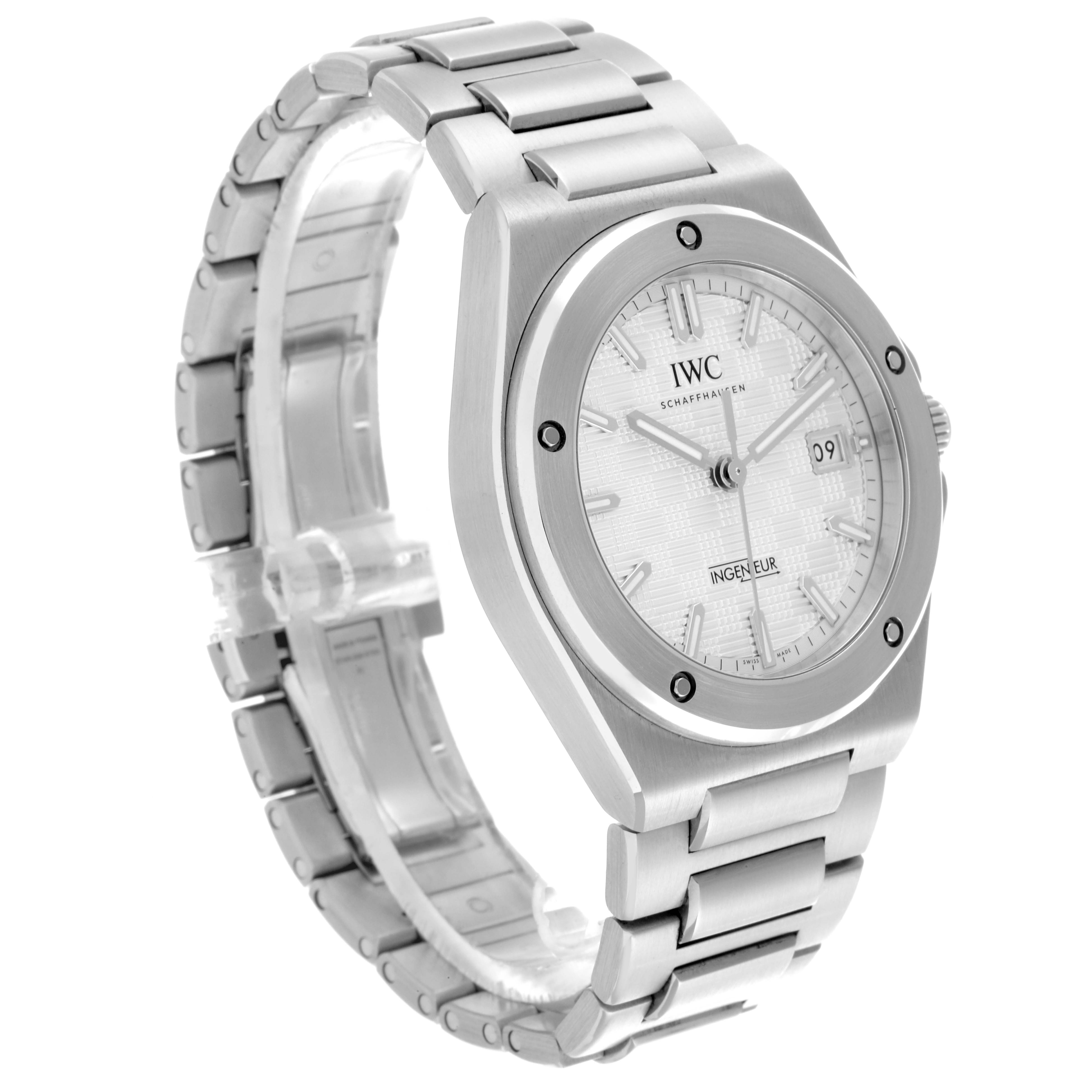 The IWC Ingenieur IW328902 Men's Stainless Steel Silver Dial IW328902 Men's Stainless Steel Silver Dial watch is shown at a three-quarter angle, highlighting the face, bezel, bracelet, and clasp.