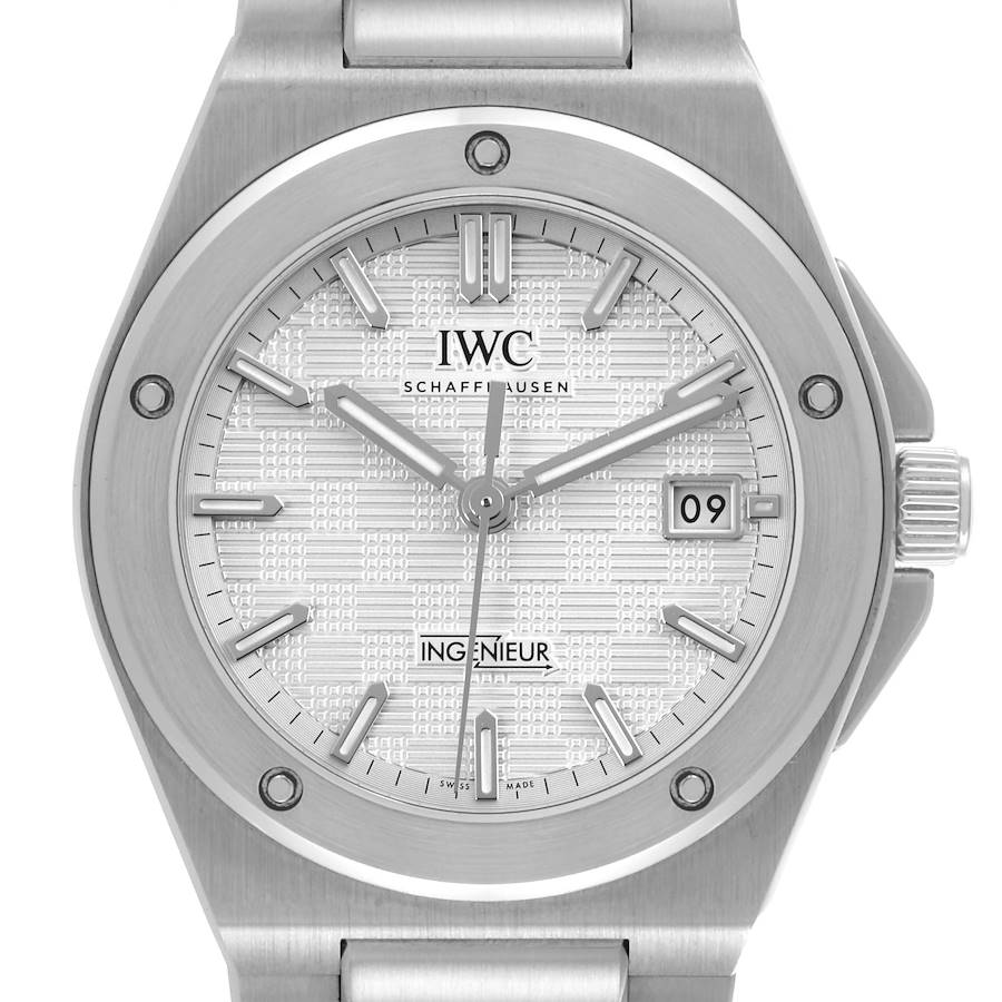 The IWC Ingenieur watch is shown from a front angle, highlighting the dial, bezel, and date window.