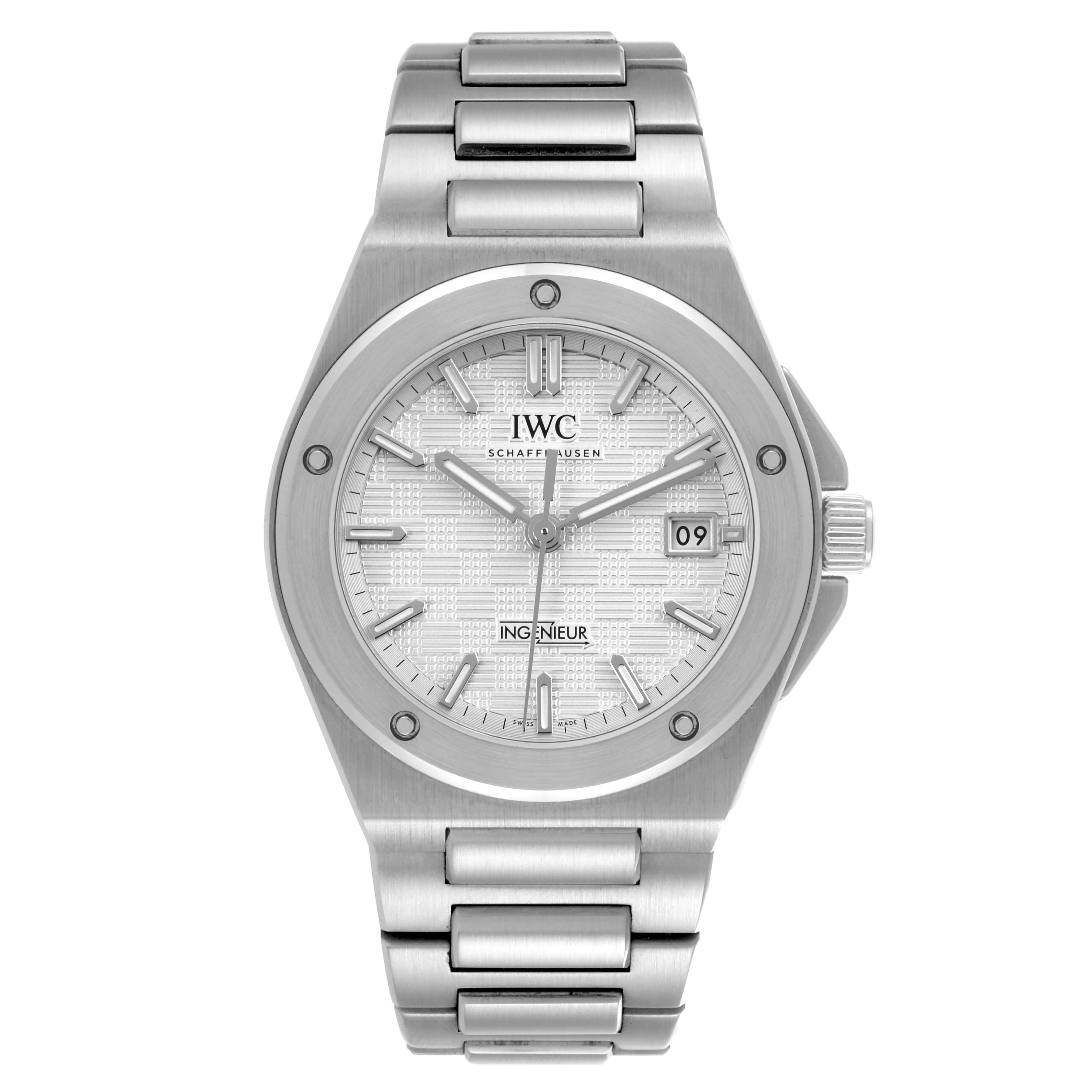 The IWC Ingenieur IW328902 Men's Stainless Steel Silver Dial IW328902 Men's Stainless Steel Silver Dial watch is shown from a front angle, displaying its face, dial, and bracelet.