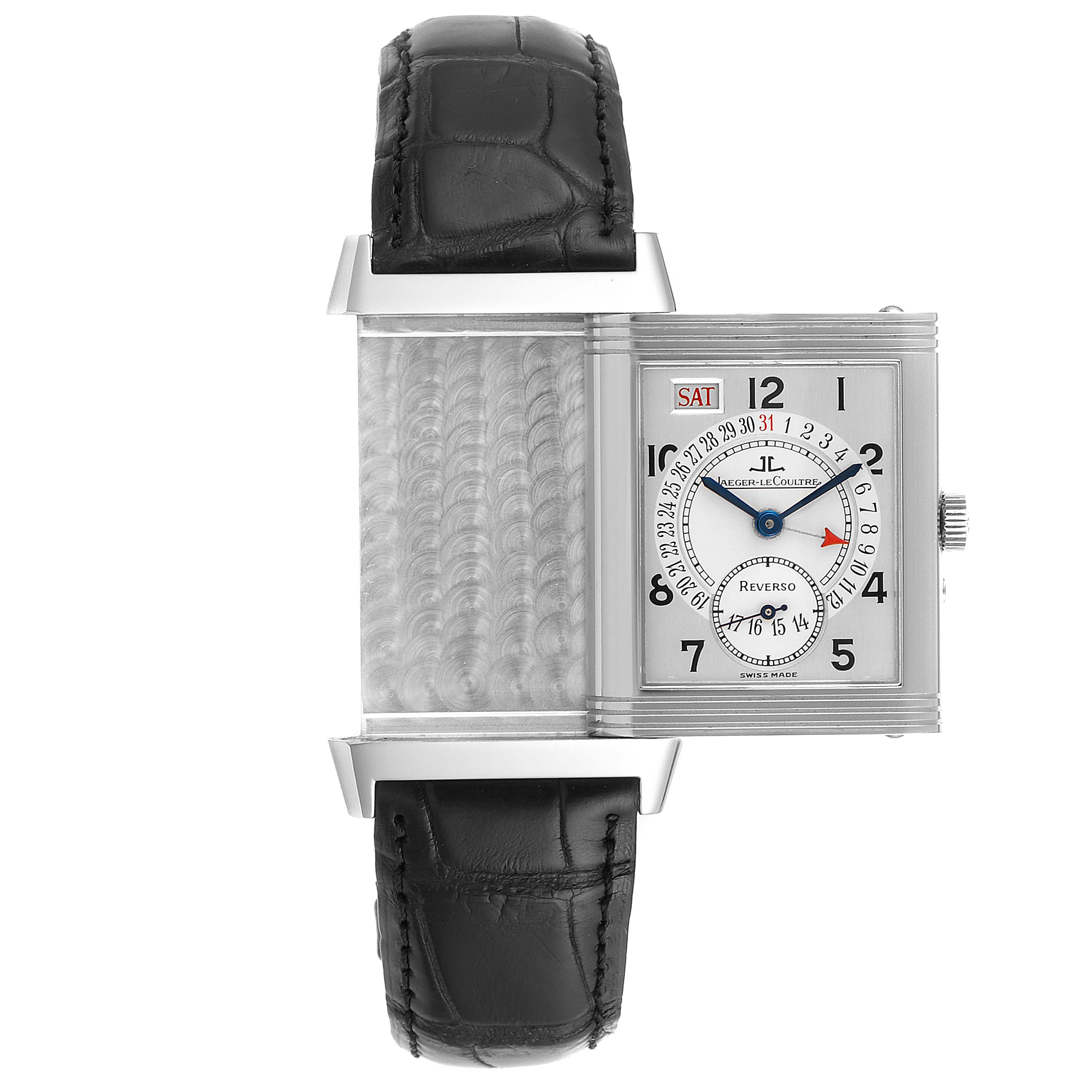 The image shows a Jaeger LeCoultre Reverso 270.8.36 Men's Stainless Steel Silver Dial 270.8.36 Men's Stainless Steel Silver Dial watch at a straight-on angle with its reversible face partially open.