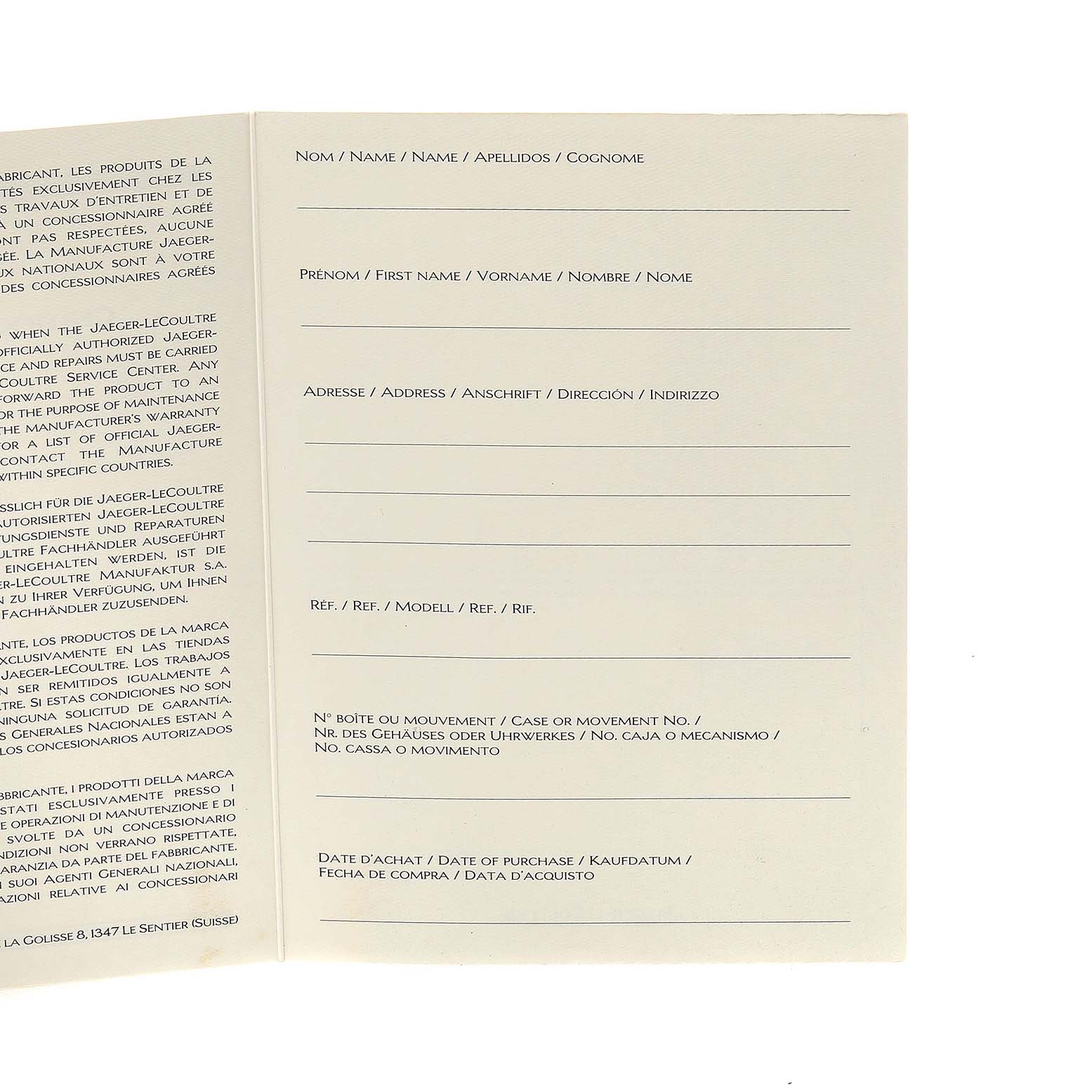 The image shows the Jaeger-LeCoultre Reverso model’s warranty card viewed flat, displaying multilingual form fields for buyer information.