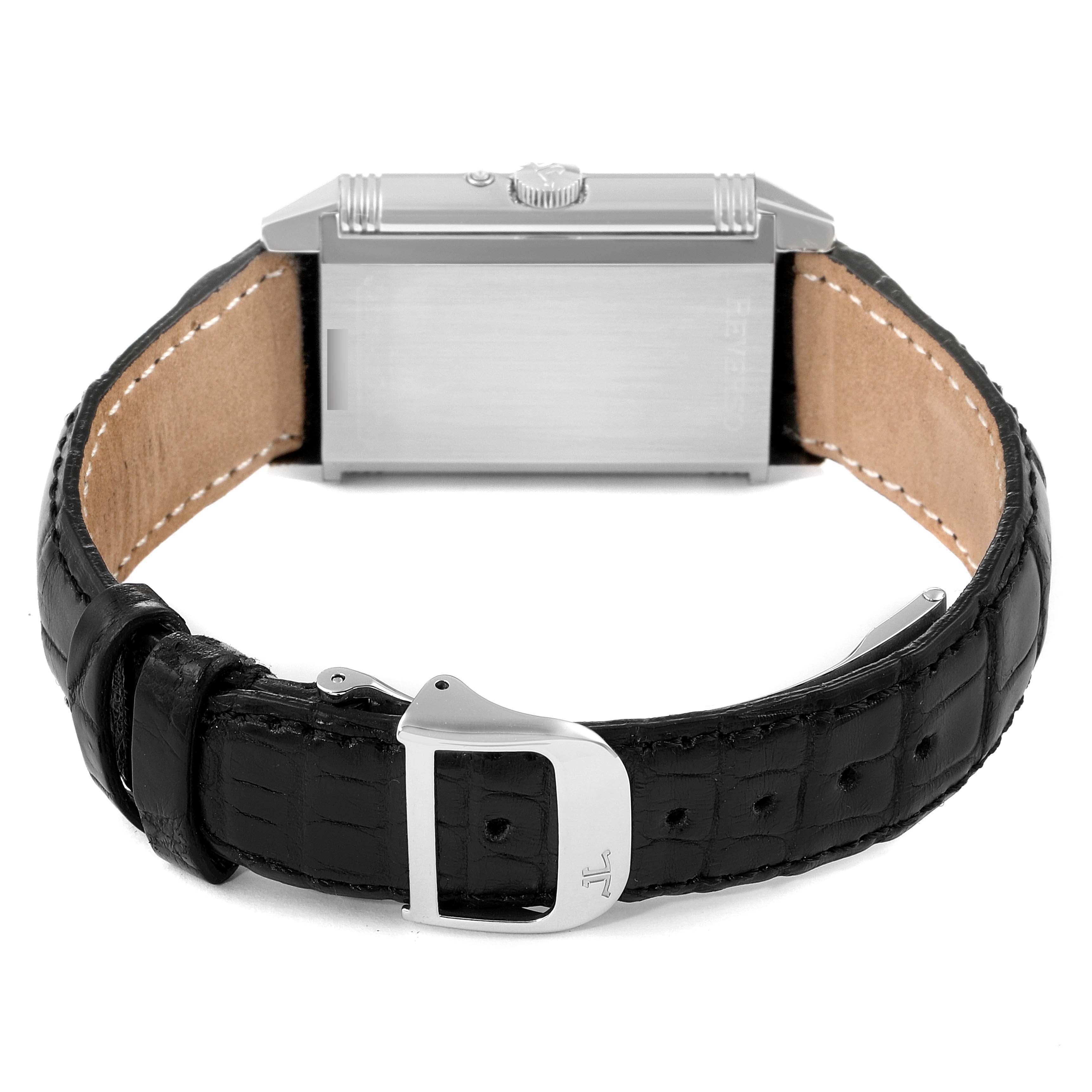 This image shows the back and side of a Jaeger LeCoultre Reverso 270.8.36 Men's Stainless Steel Silver Dial 270.8.36 Men's Stainless Steel Silver Dial watch, highlighting the strap and clasp.