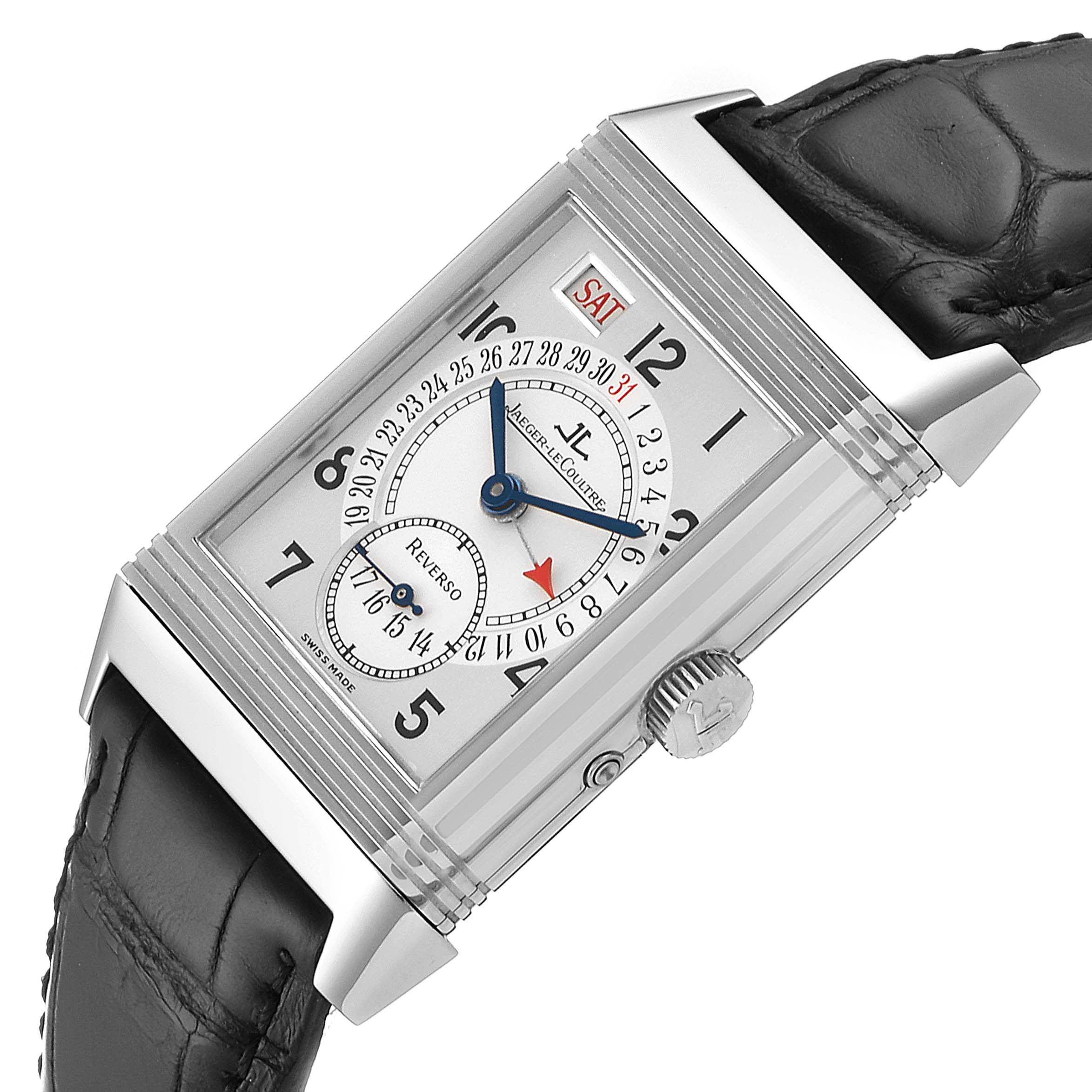 The Jaeger LeCoultre Reverso 270.8.36 Men's Stainless Steel Silver Dial 270.8.36 Men's Stainless Steel Silver Dial watch is shown from a slightly angled top-down view, displaying the face, crown, and part of the leather strap.