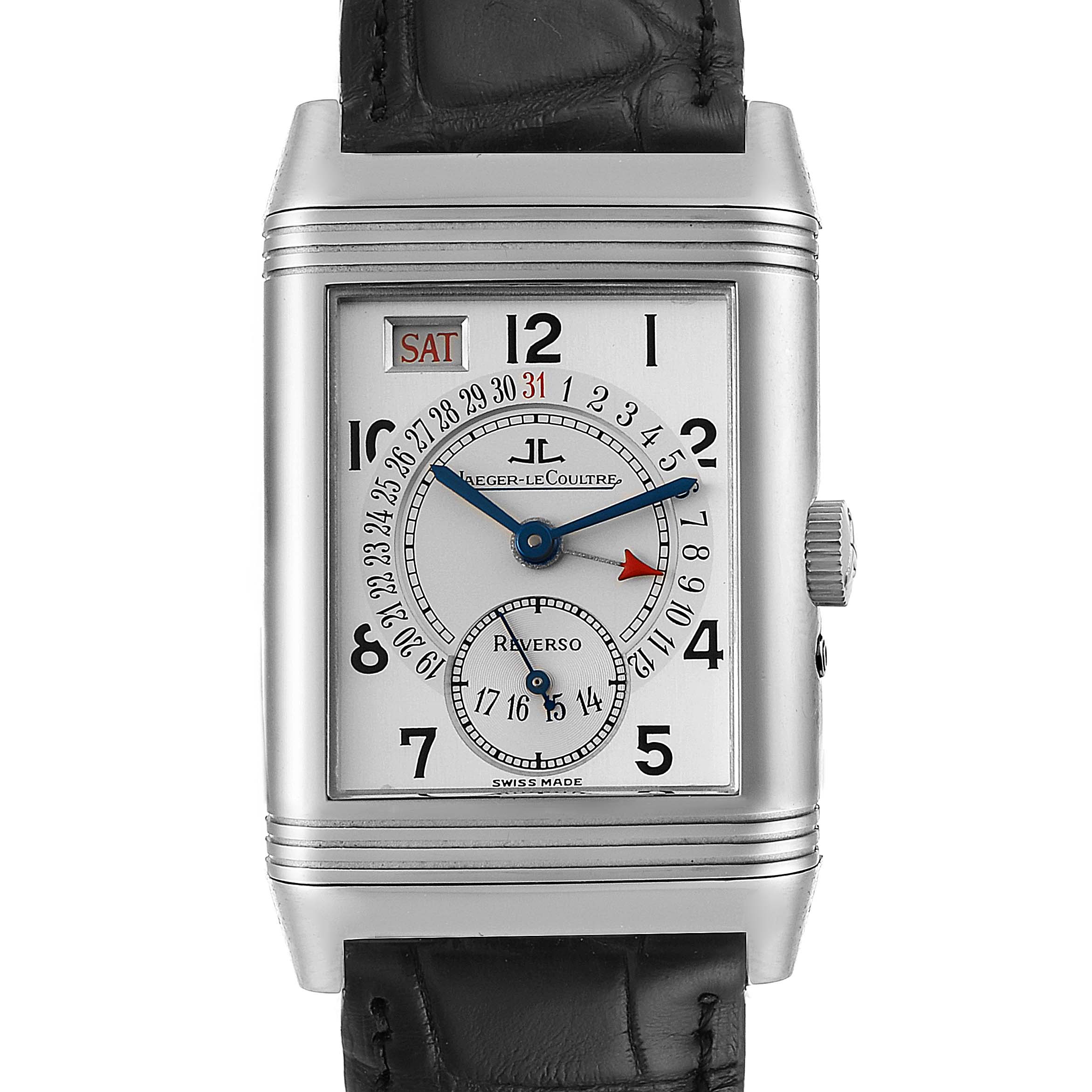 The image shows a front view of the Jaeger-LeCoultre Reverso watch, highlighting the dial, hands, crown, and part of the black leather strap.