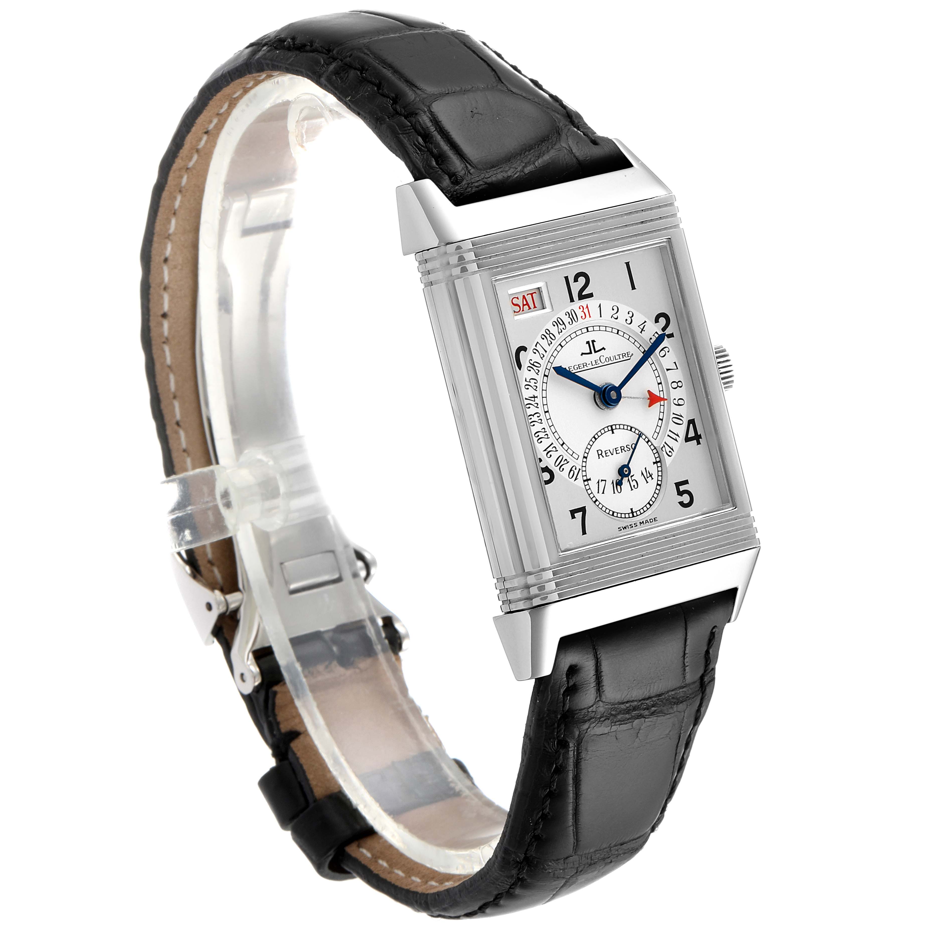 The image shows a side angle of the Jaeger LeCoultre Reverso 270.8.36 Men's Stainless Steel Silver Dial 270.8.36 Men's Stainless Steel Silver Dial watch, highlighting its rectangular face and black leather strap.