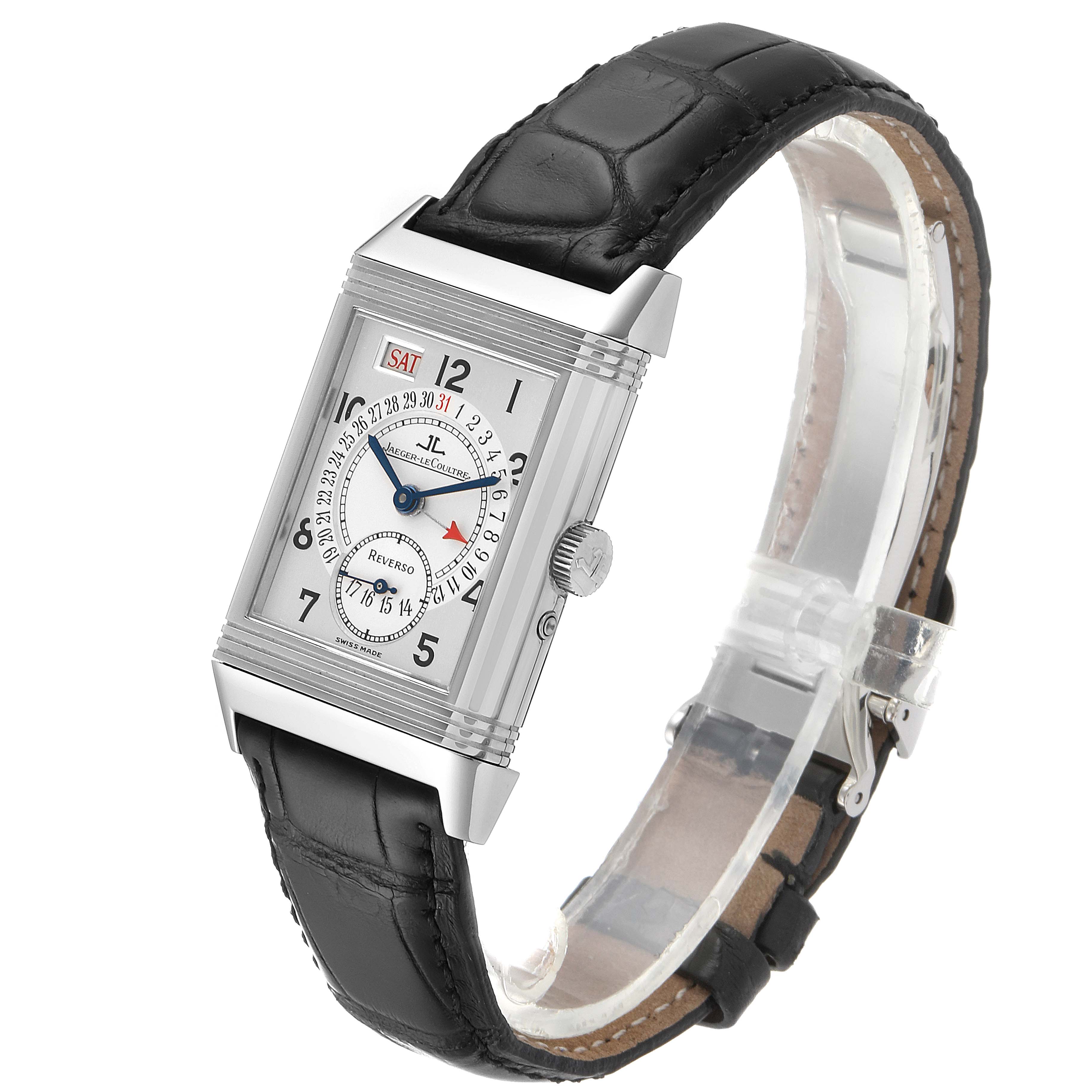 The Jaeger-LeCoultre Reverso watch is shown at an angle highlighting the rectangular face, hour markers, side crown, and black leather strap.