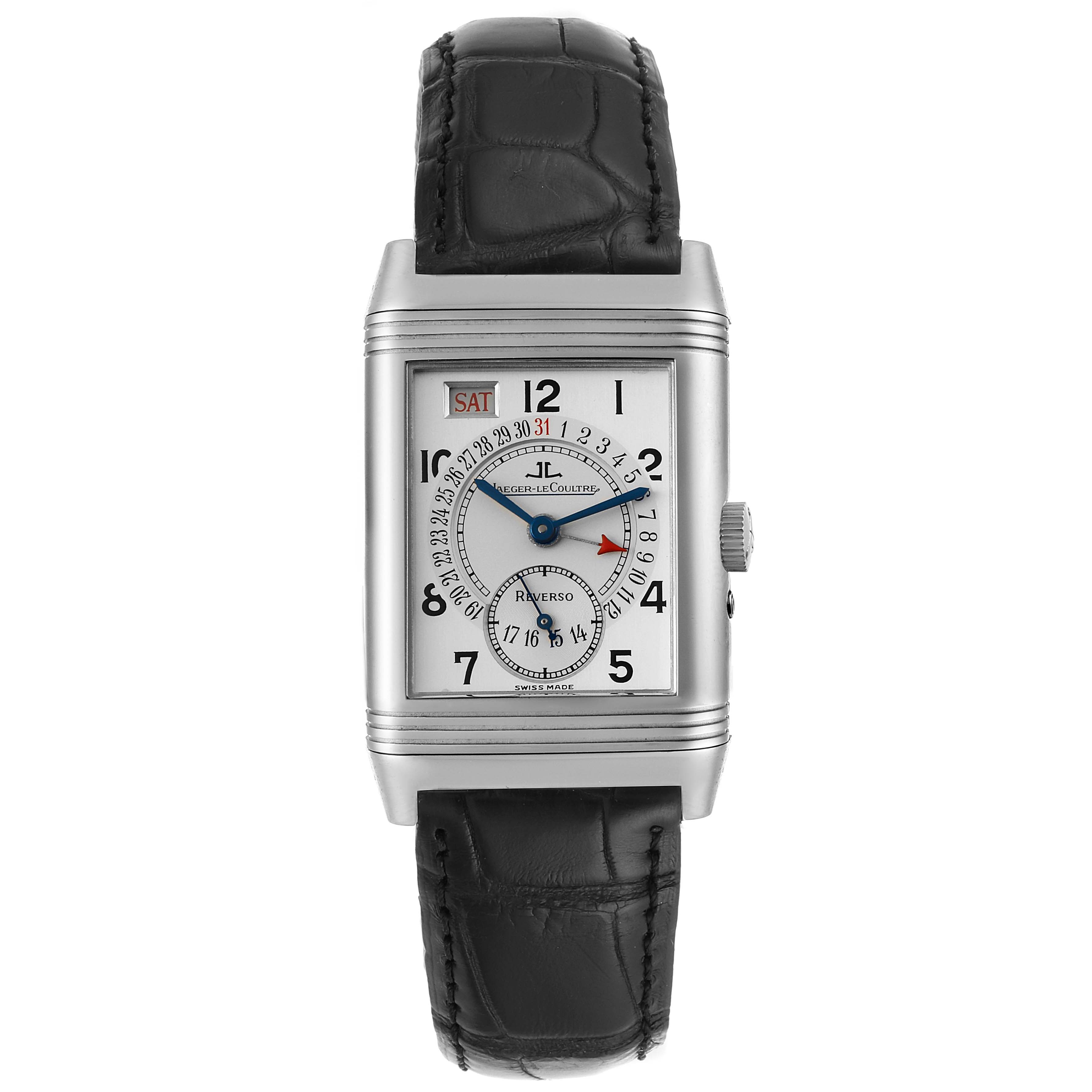 The image shows a front view of a Jaeger LeCoultre Reverso 270.8.36 Men's Stainless Steel Silver Dial 270.8.36 Men's Stainless Steel Silver Dial watch, displaying the face, dial, hands, and black leather strap.