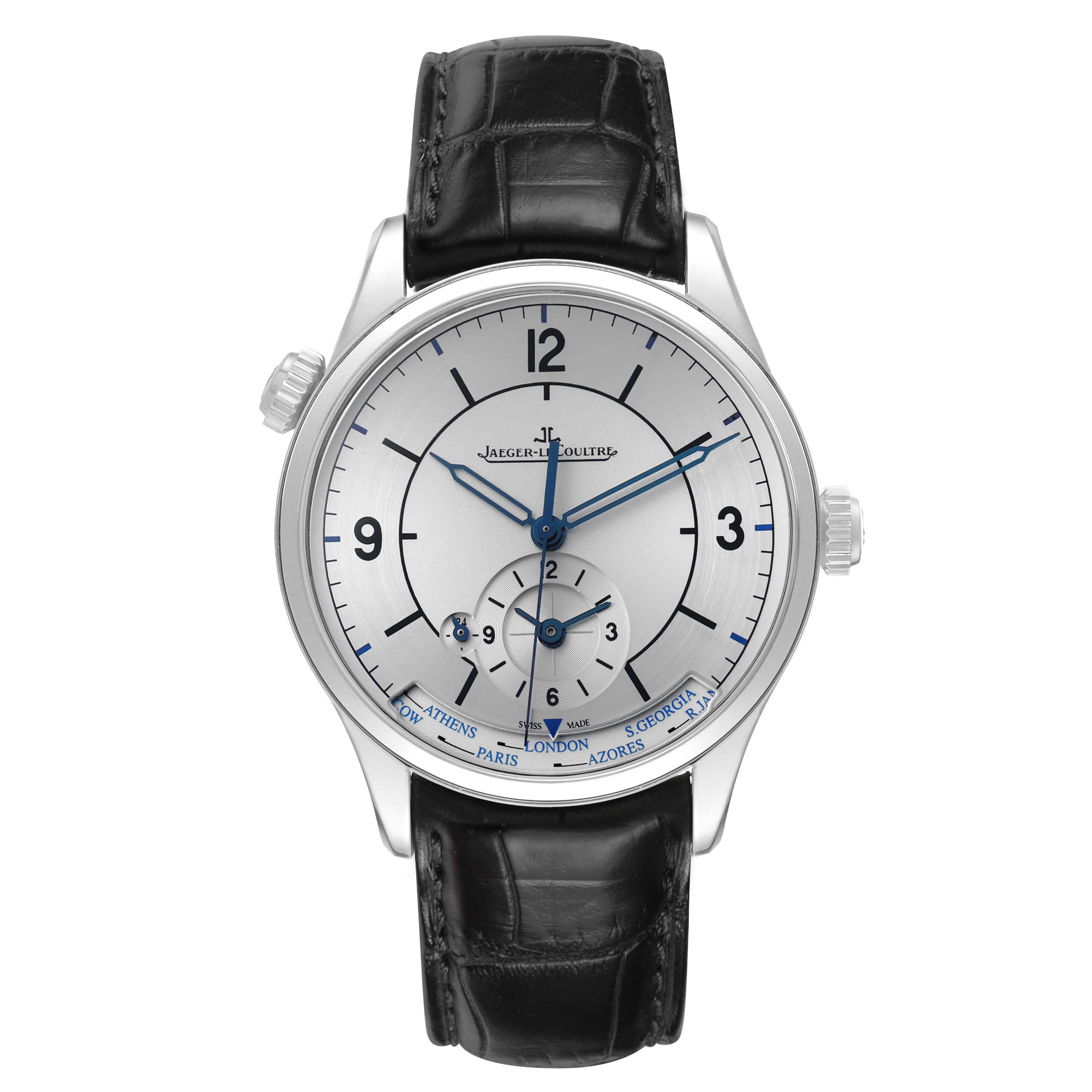 The Jaeger LeCoultre Master Q1428530 Men's Stainless Steel Silver Dial watch is shown from a front angle, displaying the dial, hands, and black leather strap.