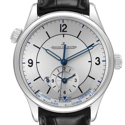 The Jaeger-LeCoultre Master model watch is shown from the front, displaying the dial, hands, and small cities around the edge.