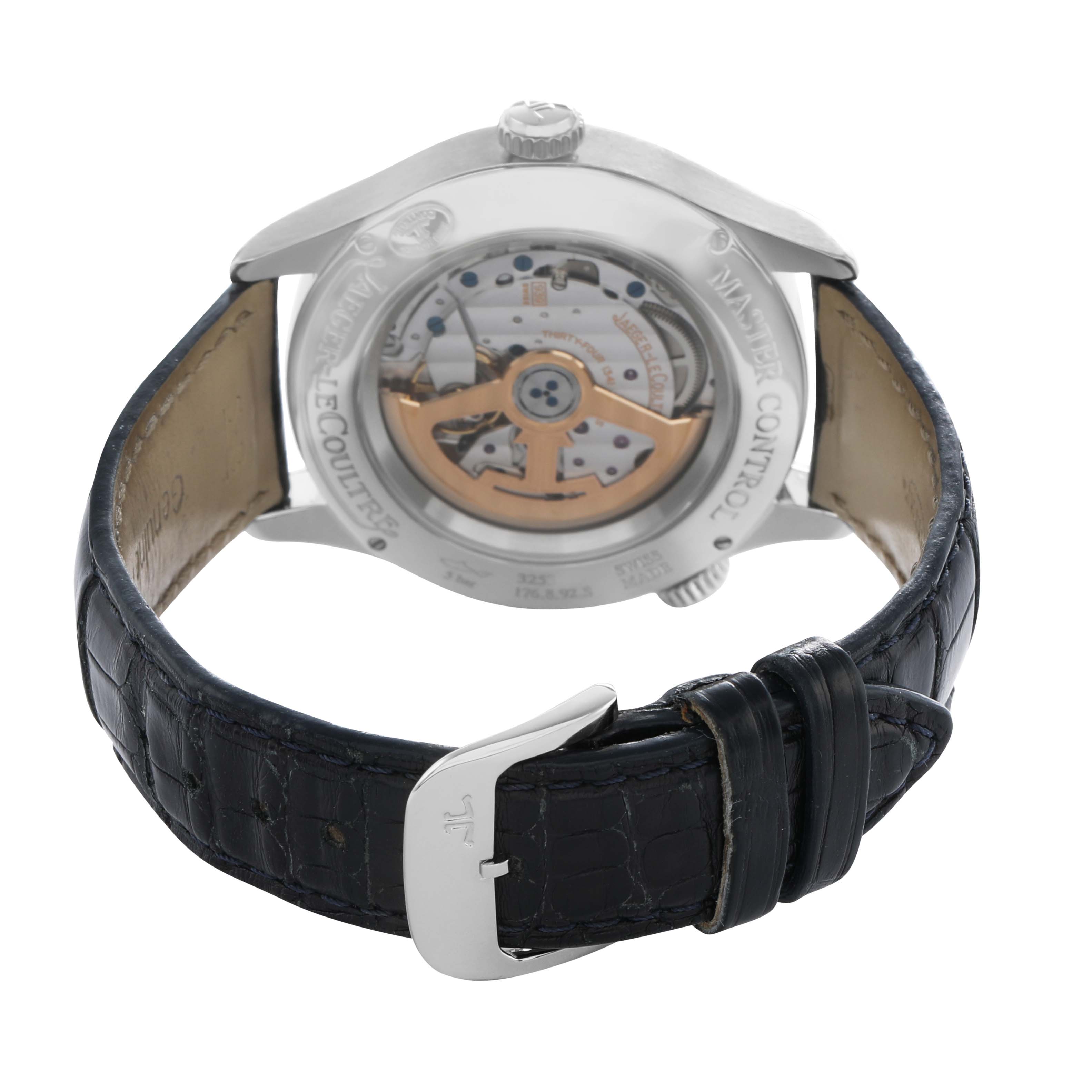 The image shows the Jaeger LeCoultre Master Q1428530 Men's Stainless Steel Silver Dial model from the back, highlighting its movement and black leather strap with a clasp.