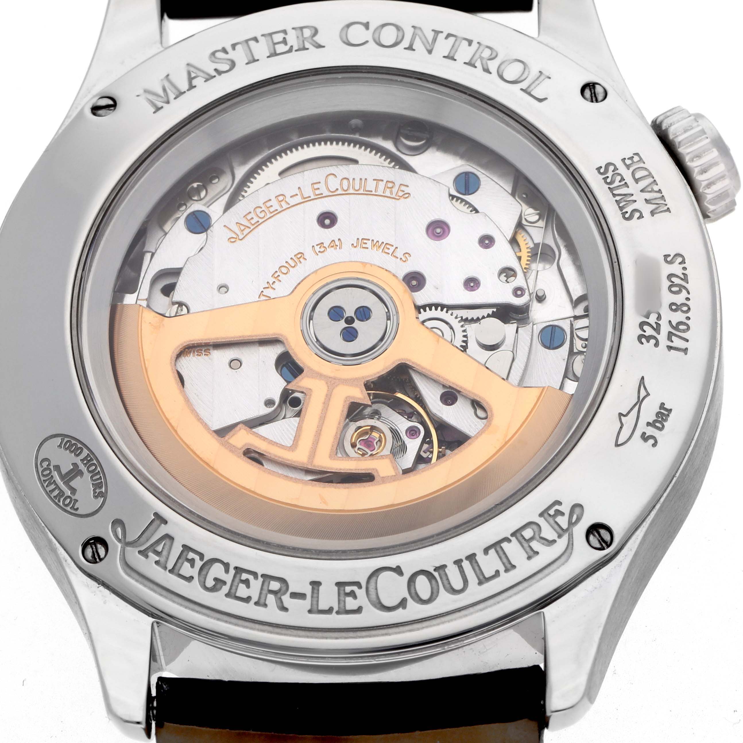 The image shows the back of the Jaeger-LeCoultre Master model, highlighting the movement and rotor through a transparent case back.