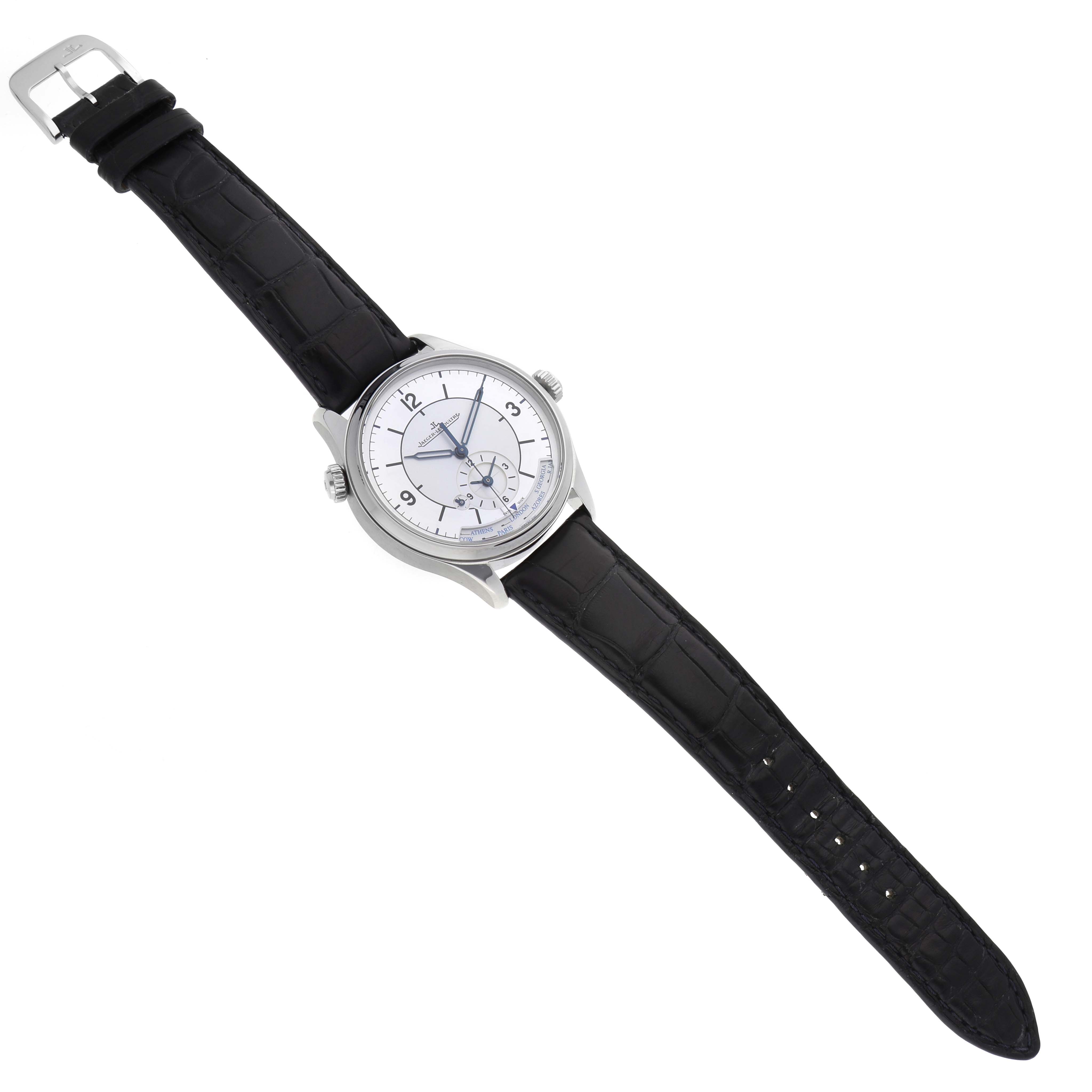 The Jaeger LeCoultre Master Q1428530 Men's Stainless Steel Silver Dial watch is shown at a slight angle displaying its face, case, and full leather strap.