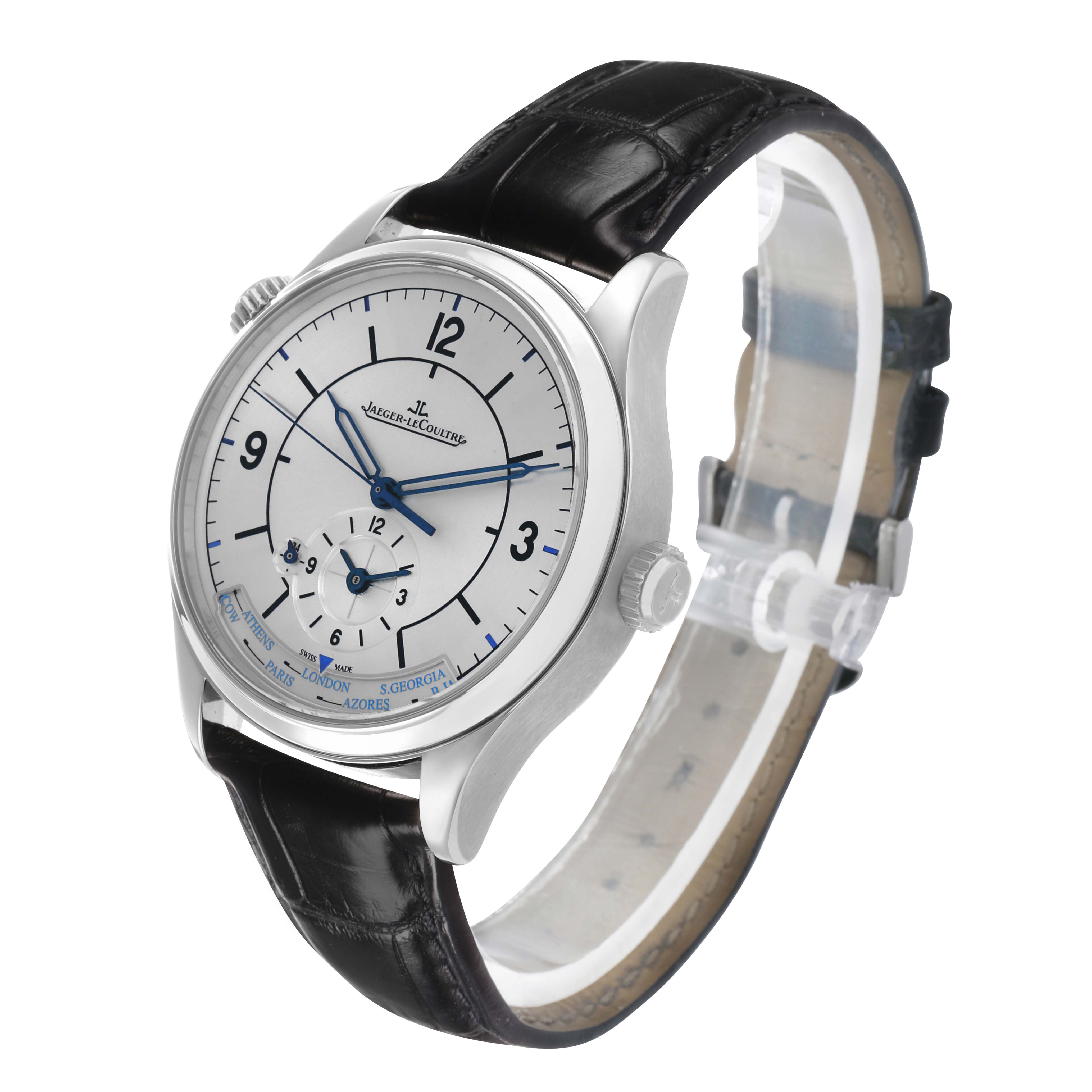 This Jaeger-LeCoultre Master watch is shown at a three-quarter angle, highlighting the dial, hands, case, crown, and black leather strap.