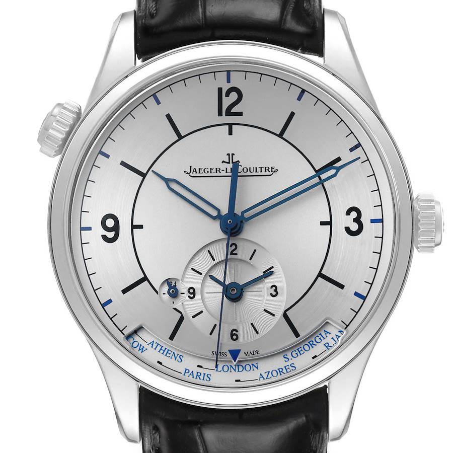 The image shows a front view of the Jaeger-LeCoultre Master watch, highlighting its dial and features.