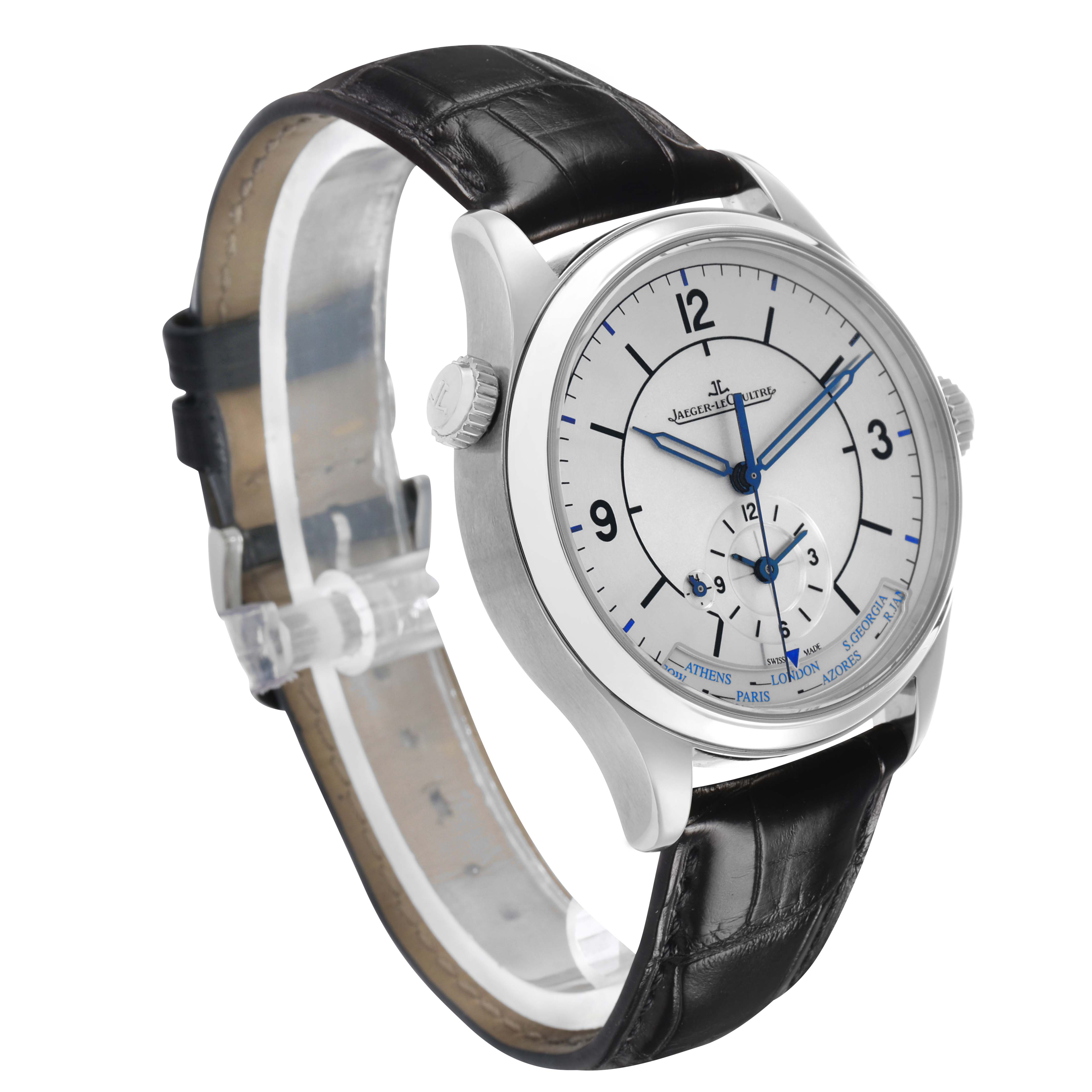 The Jaeger LeCoultre Master Q1428530 Men's Stainless Steel Silver Dial watch is shown at a three-quarter angle, highlighting the face, case, crown, and leather strap.