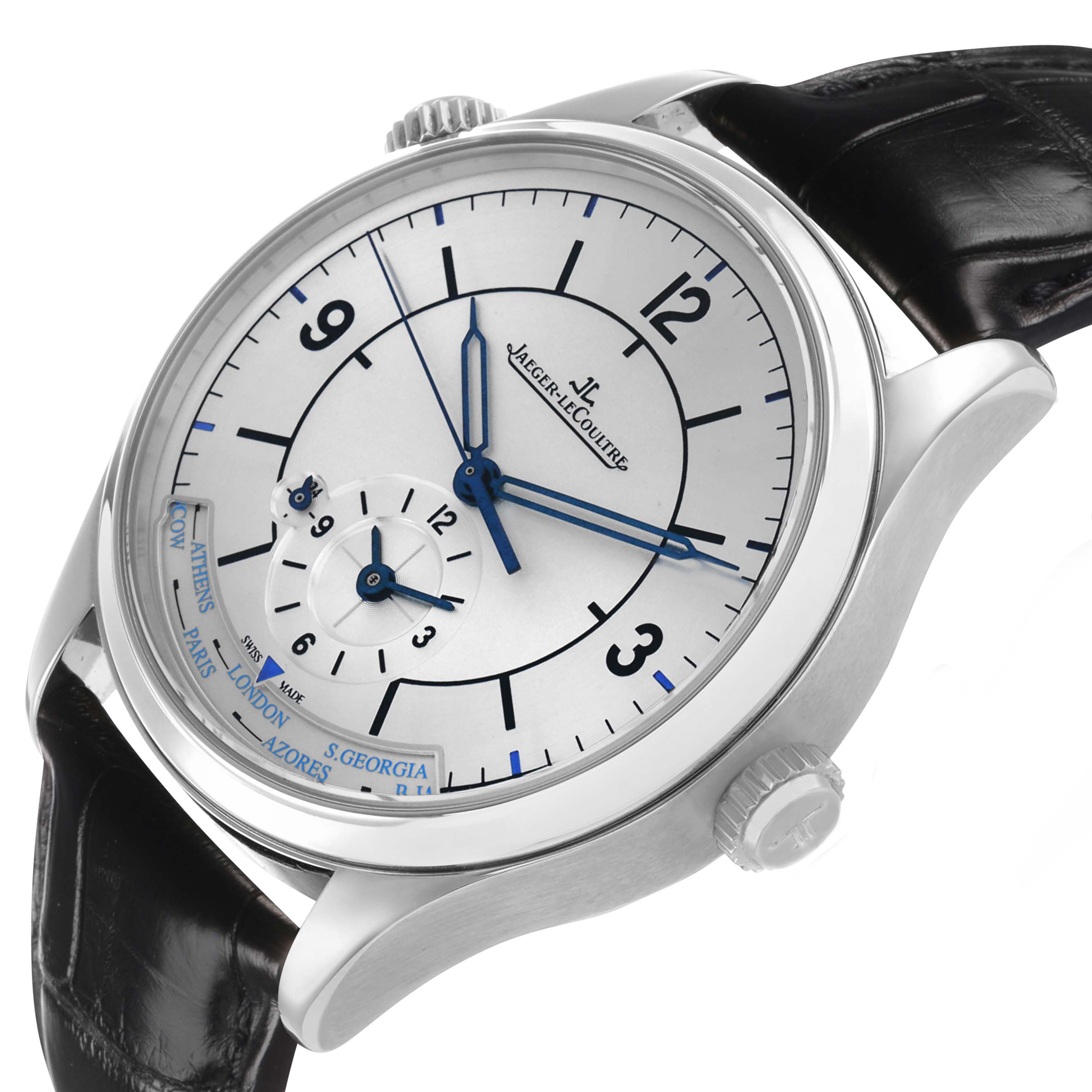 The Jaeger-LeCoultre Master watch is shown at a tilted angle, displaying the face, crown, and part of the leather strap.